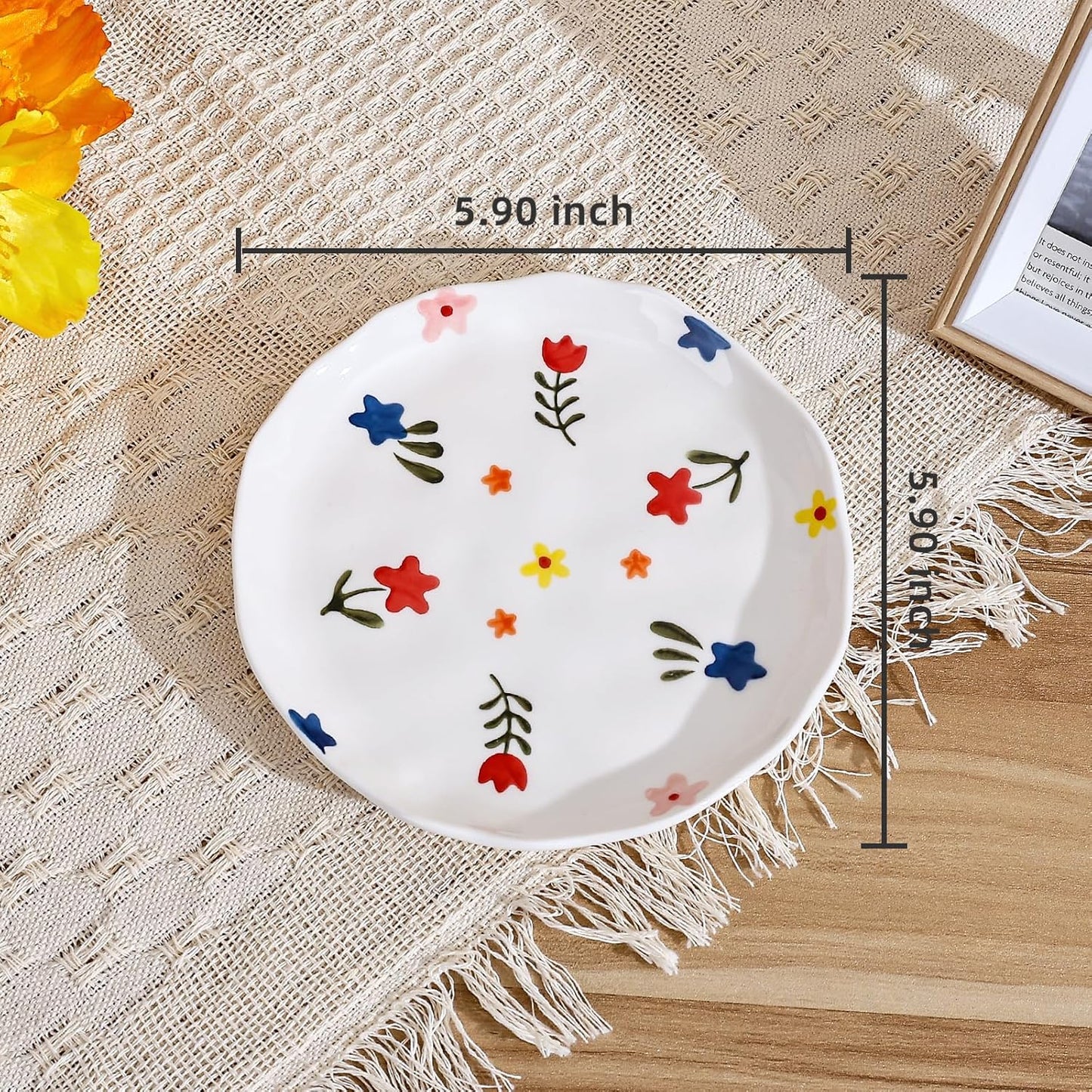 Koythin Ceramic Dessert Plates, Cute Fruits Dinner Plate, Creative Plates Design, Printed Flowers Dinnerware for Office and Home, Kitchen Plates for Desserts (White Floral)