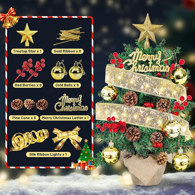 2FT Tabletop Mini Christmas Tree, 24 Inch Small Artificial Christmas Tree with Silk Ribbon Light, Star Treetop, DIY Ornaments, New Xmas Pine Tree Decoration for Kid Friend Family Holiday Home Office