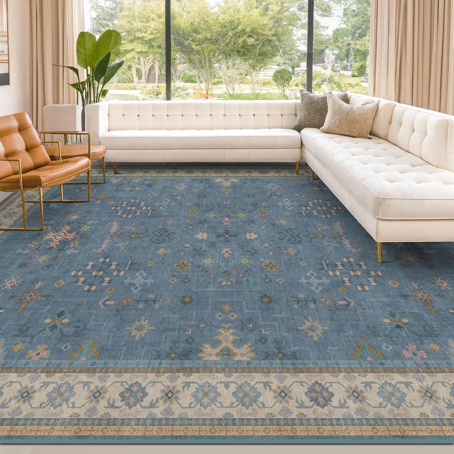 Blue Big Rugs for Living Room - Dusty Blue 10x12 Area Rug for Large Bedroom, Dining Room, Washable Lightweight Foldable Floral Modern Home Décor