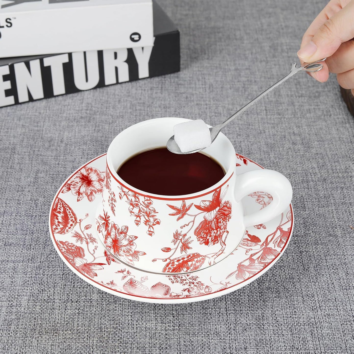 fanquare Red Floral Tea Cup with Saucer 8.5oz Large Porcelain Coffee Cup Modern Single Cup Gift Set for Adults, Ceramic Thick Handle China Cups