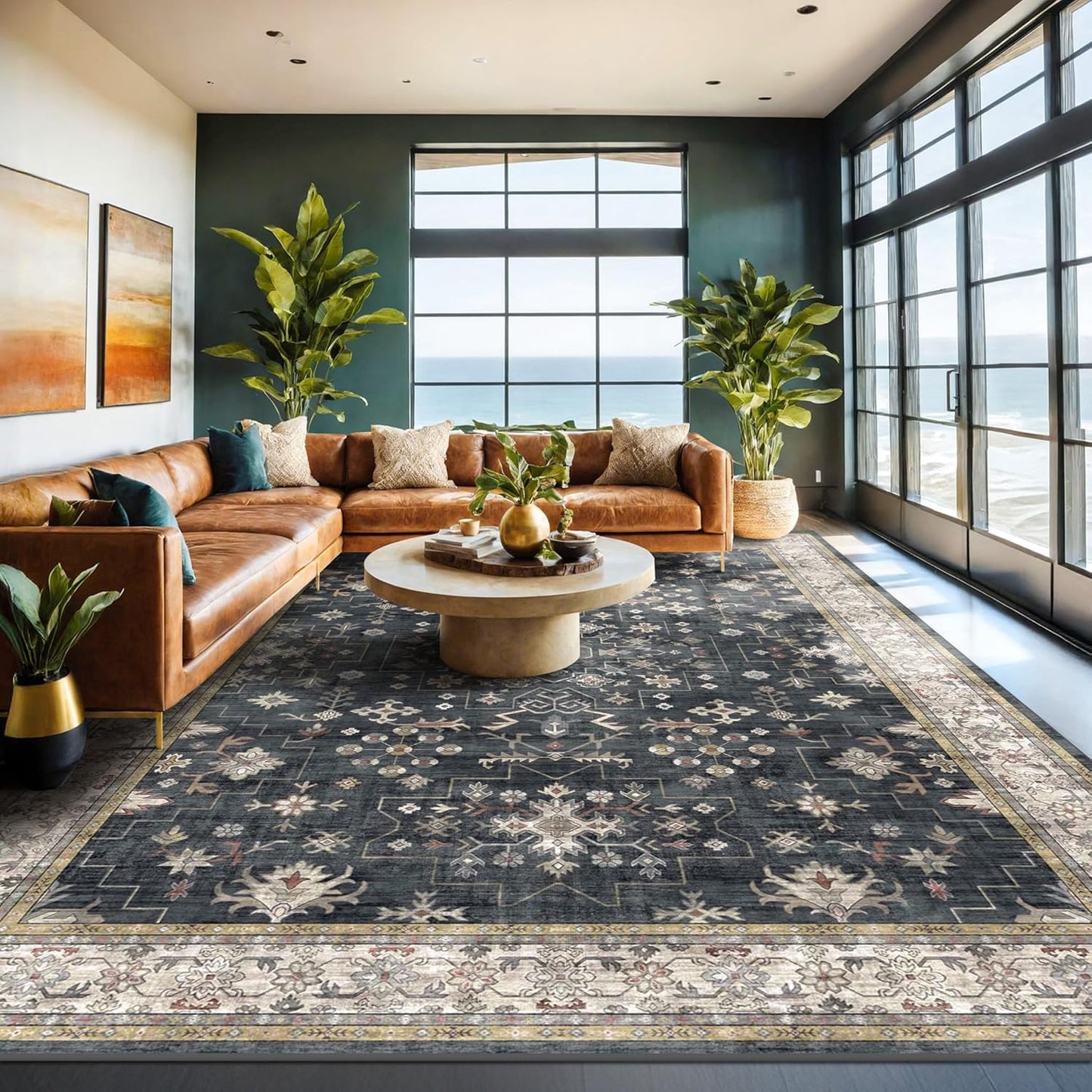 Black Boho Rug for Living Room 9x12 - Washable Dining Room Rugs for Under Table, Vintage Soft Low Pile Carpet for Bedroom, Non-Slip Farmhouse Bohemian Large Tumble Rug for High Traffic Area