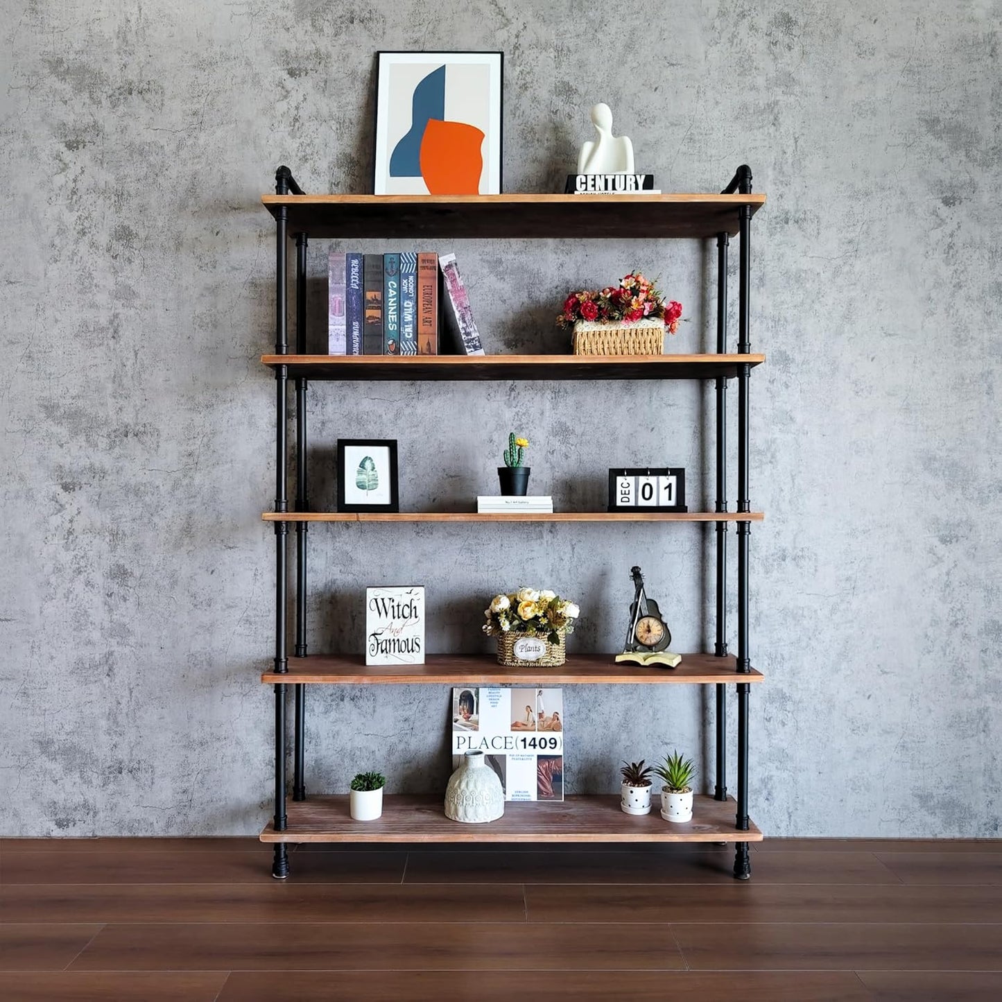 Industrial Bookshelf, 5-Tier Pipe Shelf, Wall Mounted Bookcase for Home and Office (Weathered Brown, 48" L x 11.8" W x 70" H)