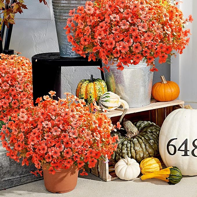 Waipfaru Fall Decor, Fake Mums, Flowers, UV Resistant Artificial Mums for Outdoors, 24 Bundles, Fall Flower Plants Artificial for Decoration Home Porch Thanksgiving,Light Red