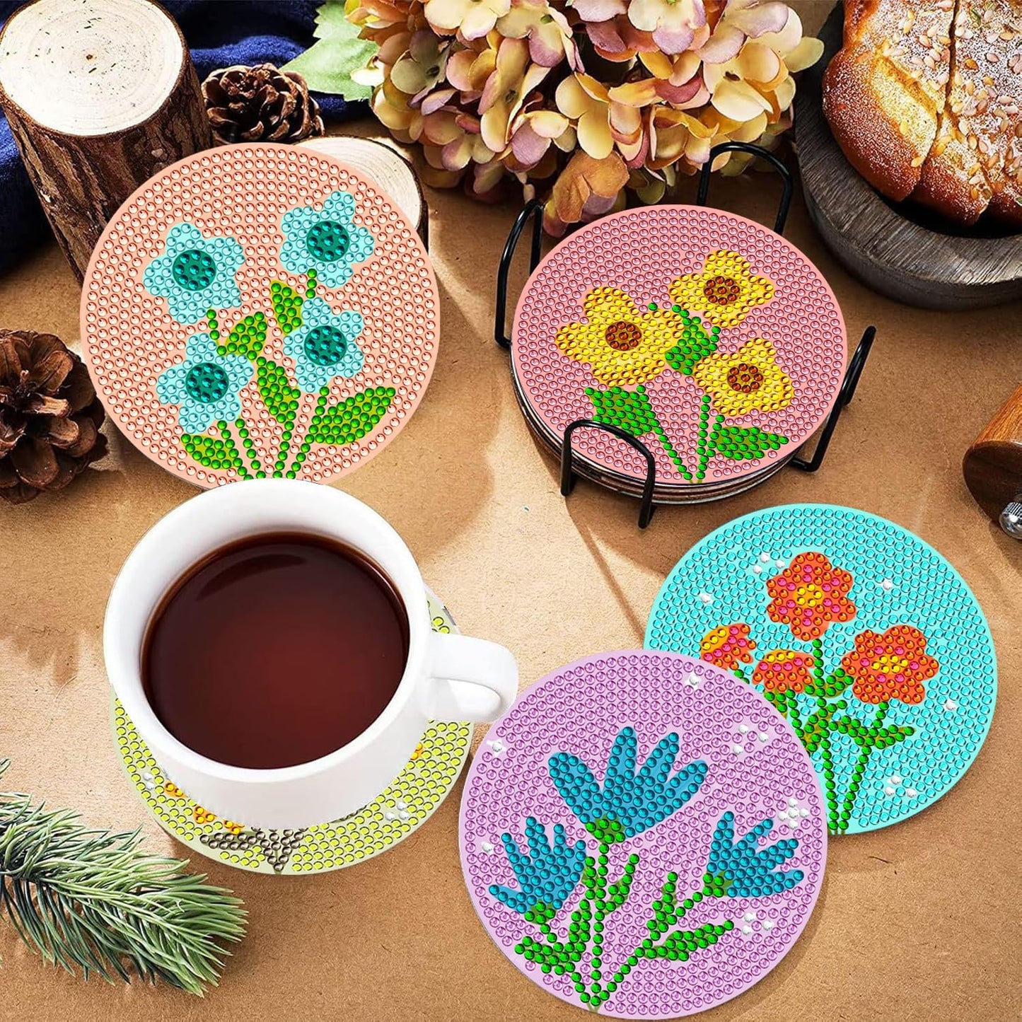 DOTSOPS 6 Pcs Diamond Painitng Kits for Adults Diamond Art Coasters with Holder for Adults Beginners Diamond Craft Gem Dots for Christmas Birthday Flowers