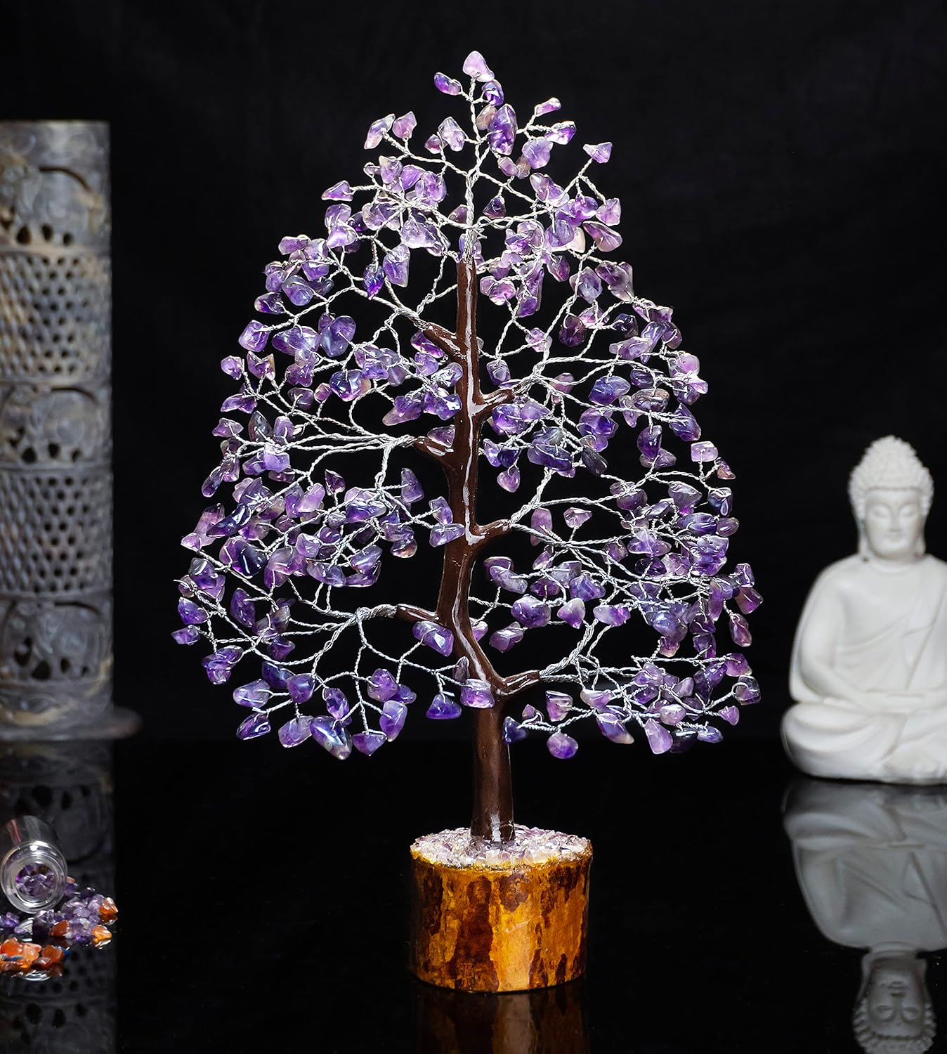 Crocon Amethyst Gemstone Tree Feng Shui Figurine Money Bonsai Good Luck Chakra Balancing Reiki Healing Crystals Decoration Ornament Sculpture Prosperity Table Decor Gift Size 10-12\