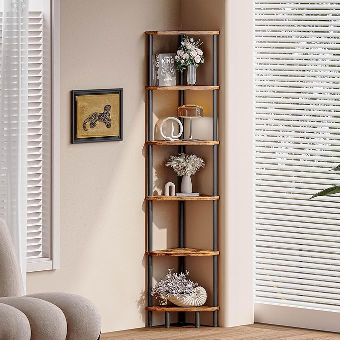 6 Tier Corner Shelf, 66.5'' Tall Standing Shelf, Narrow Display Shelf Stand, Modern Corner Bookshelf, Plant Stand, Corner Bookcase for Living Room, Bedroom, Bathroom, Rustic Brown LCS502R