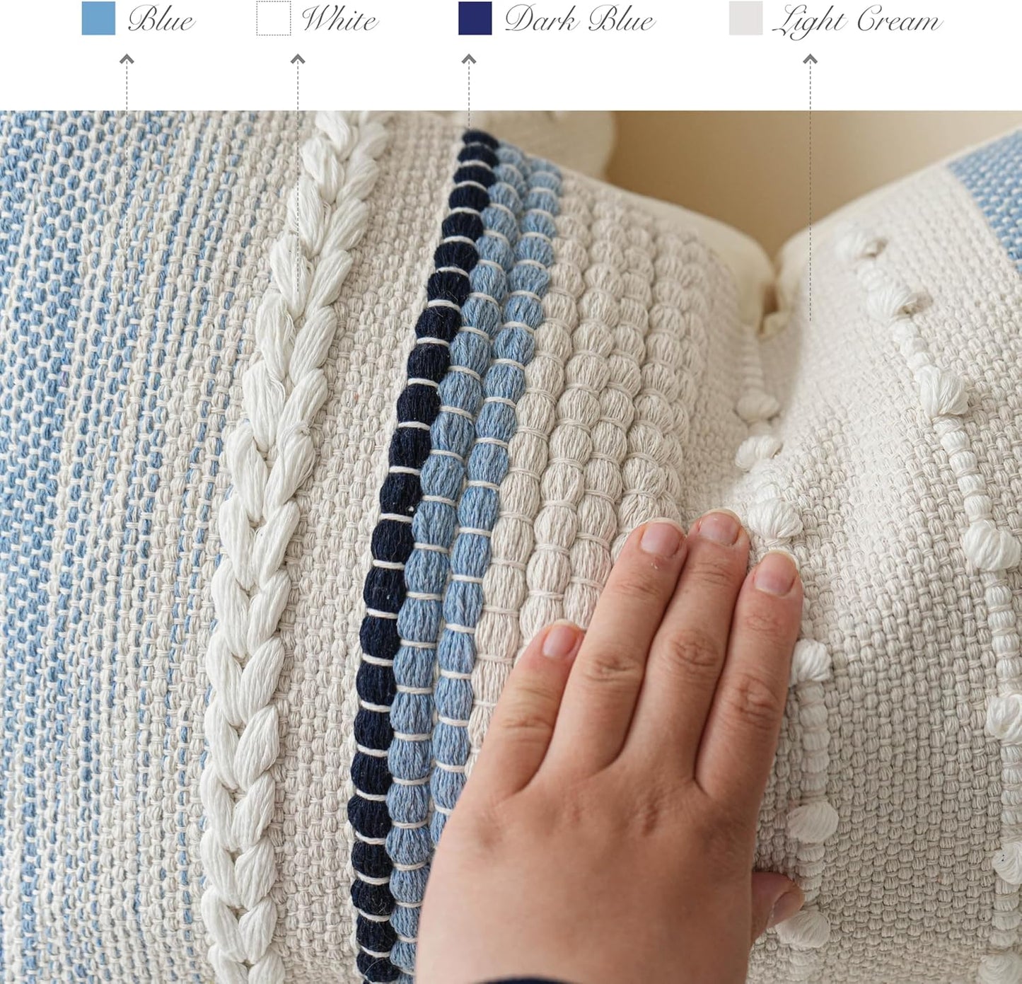 BlissBlush Coastal Blue Boho Decorative Throw Pillow Cover 22x22 Modern Bohemian Accent Pillow Case Square Woven Textured Farmhouse Pillows for Couch Bed (Pack of 1)