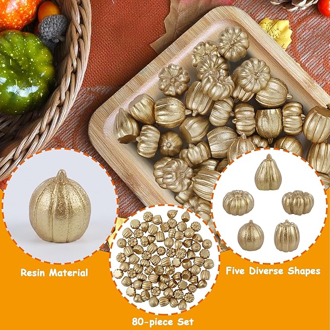 winemana Mini Pumpkins Fall Decorations- 80 Pack Small Fake Pumpkins for Decorating, Thanksgiving Table Centerpieces, Autumn Harvest Home Office Decor, DIY Crafts, Vase Bowls Basket & Fillers (Gold)