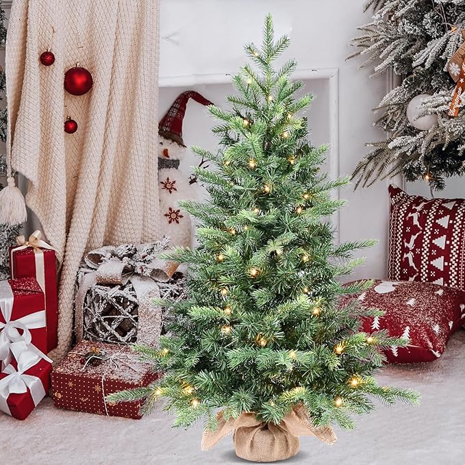 3ft Pre-lit Small Christmas Tree Artificial Nordic Spruce Mini Table Top Christmas Tree with 70 LED Lights 315 PE & PVC Mixed Branches Tips Burlap Wrapped Base Xmas Tree for Home Office Decor