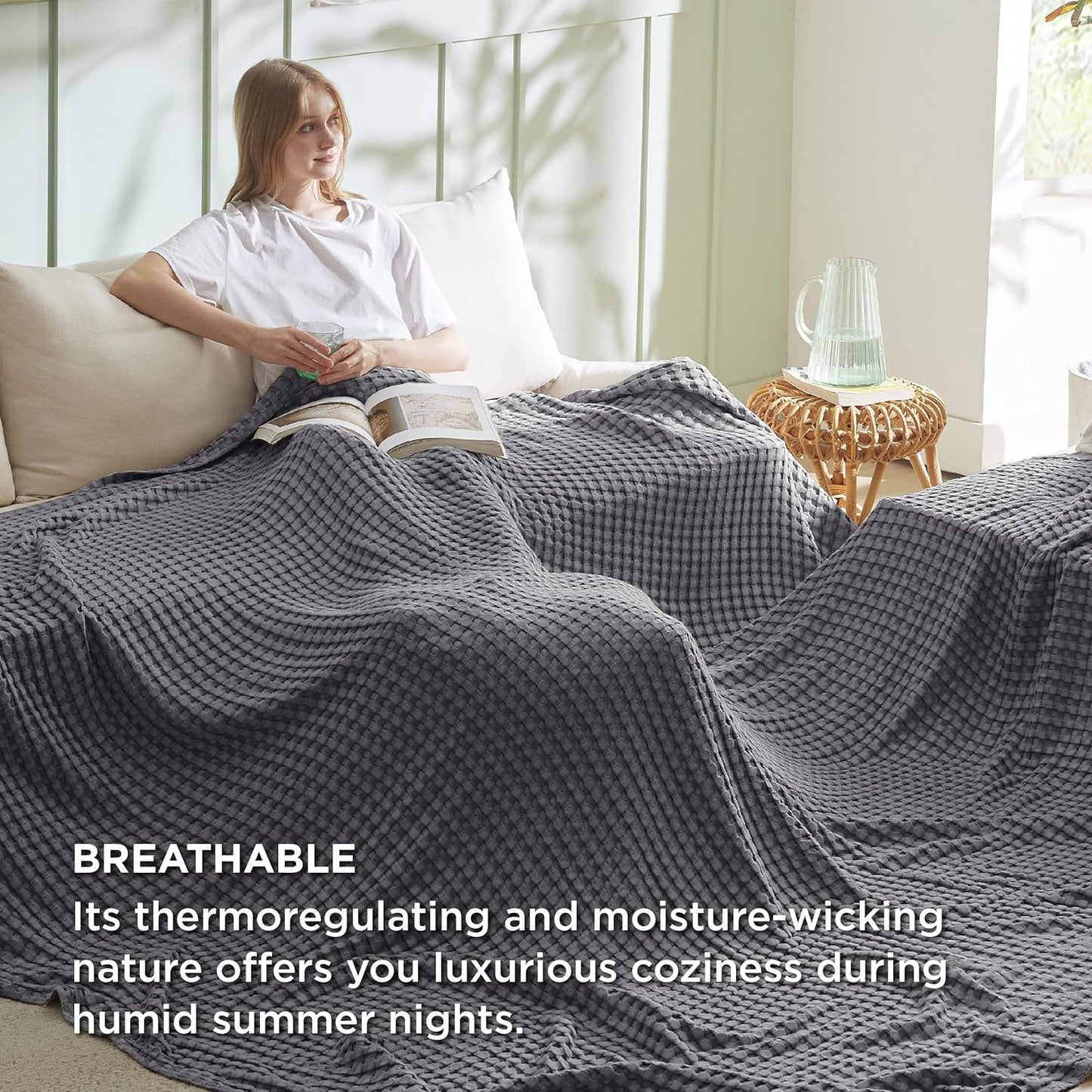Bedsure Cooling Cotton Waffle Oversized King Blanket - Lightweight Breathable Blankets Rayon Derived from Bamboo for Hot Sleepers, Luxury Throws for Bed and Sofa Dark Grey, 120x96 Inches