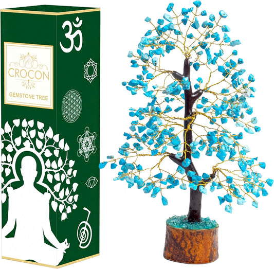 Crocon Turquoise Gemstone Tree Feng Shui Figurine Money Bonsai Good Luck Chakra Balancing Reiki Healing Crystals Decoration Ornament Sculpture Prosperity Table Decor Gift Size 10-12"""
