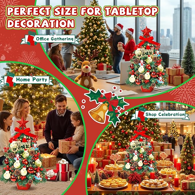 2FT Tabletop Mini Christmas Tree, 24 Inch Small Artificial Christmas Tree with Warm LED Lights, Star Treetop, DIY Ornaments, New Xmas Pine Tree Decoration for Kid Friend Family Holiday Home Office