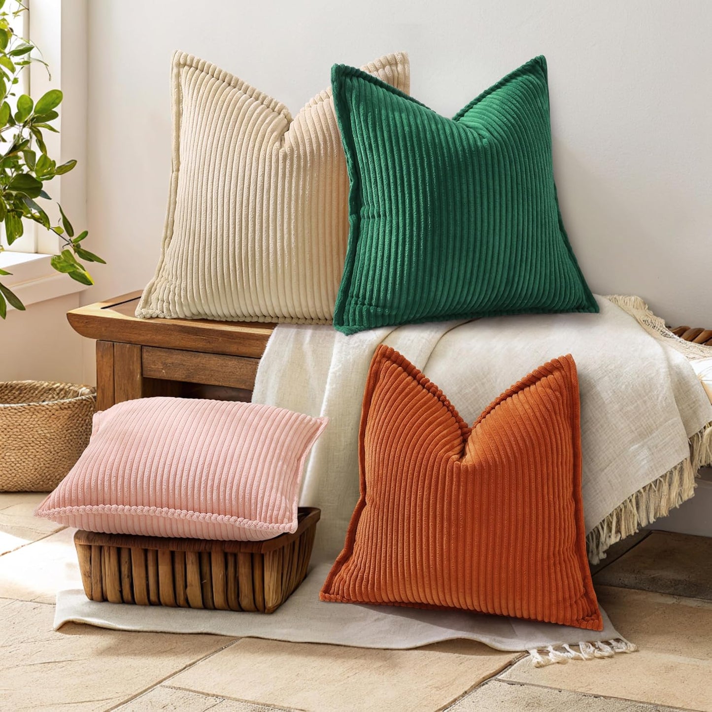 decorUhome Christmas Corduroy Green Throw Pillow Covers 22x22 Set of 2 Decorative Soft Boho Farmhouse Euro Couch Pillow Covers for Living Room Bed Sofa Broadside Striped Pillow Cases