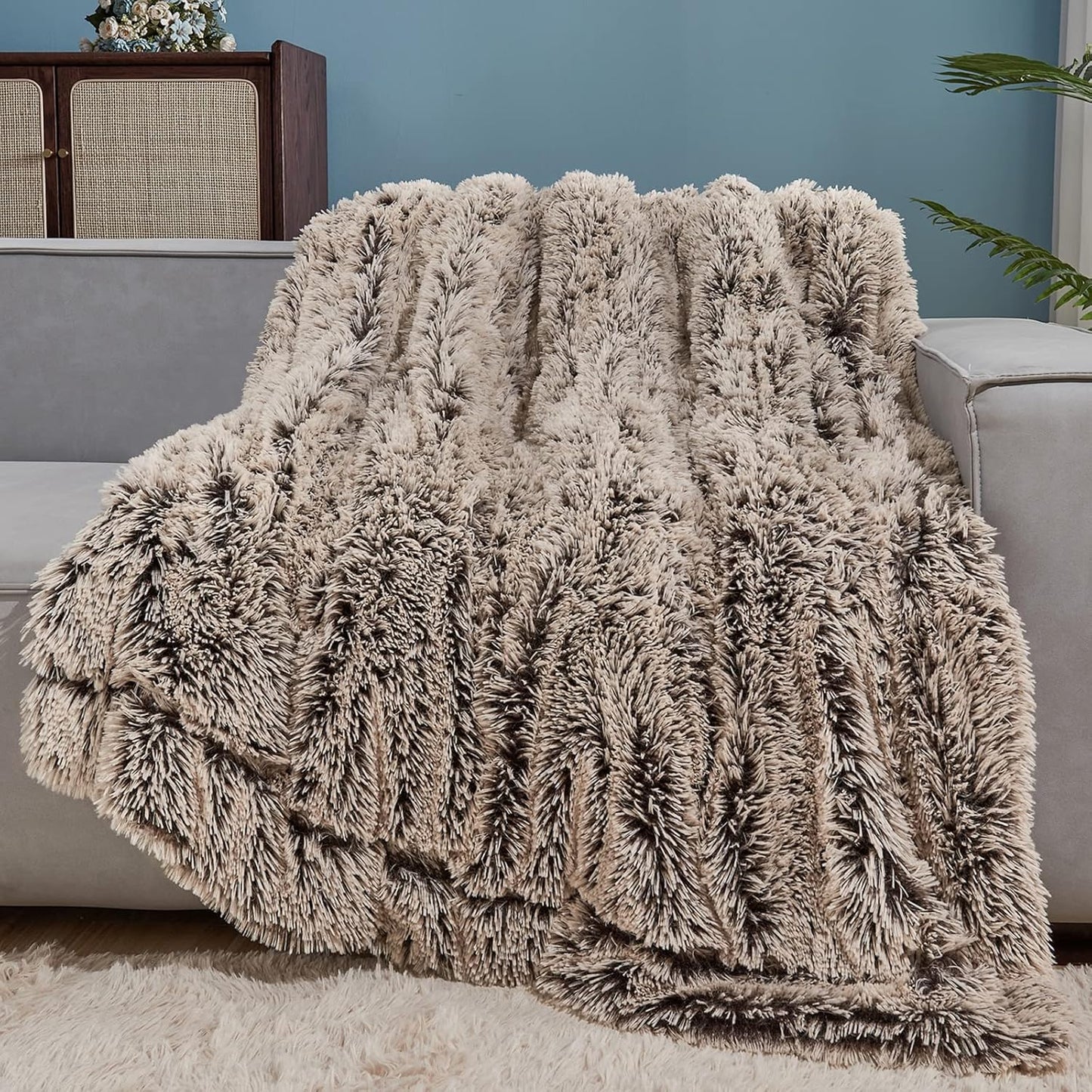 GONAAP Fuzzy Faux Fur Throw Blanket Frosty Brown Super Soft Cozy Plush Fuzzy Shaggy Blanket for Couch Sofa Bed (Frosty Brown, Throw(50"x60"))