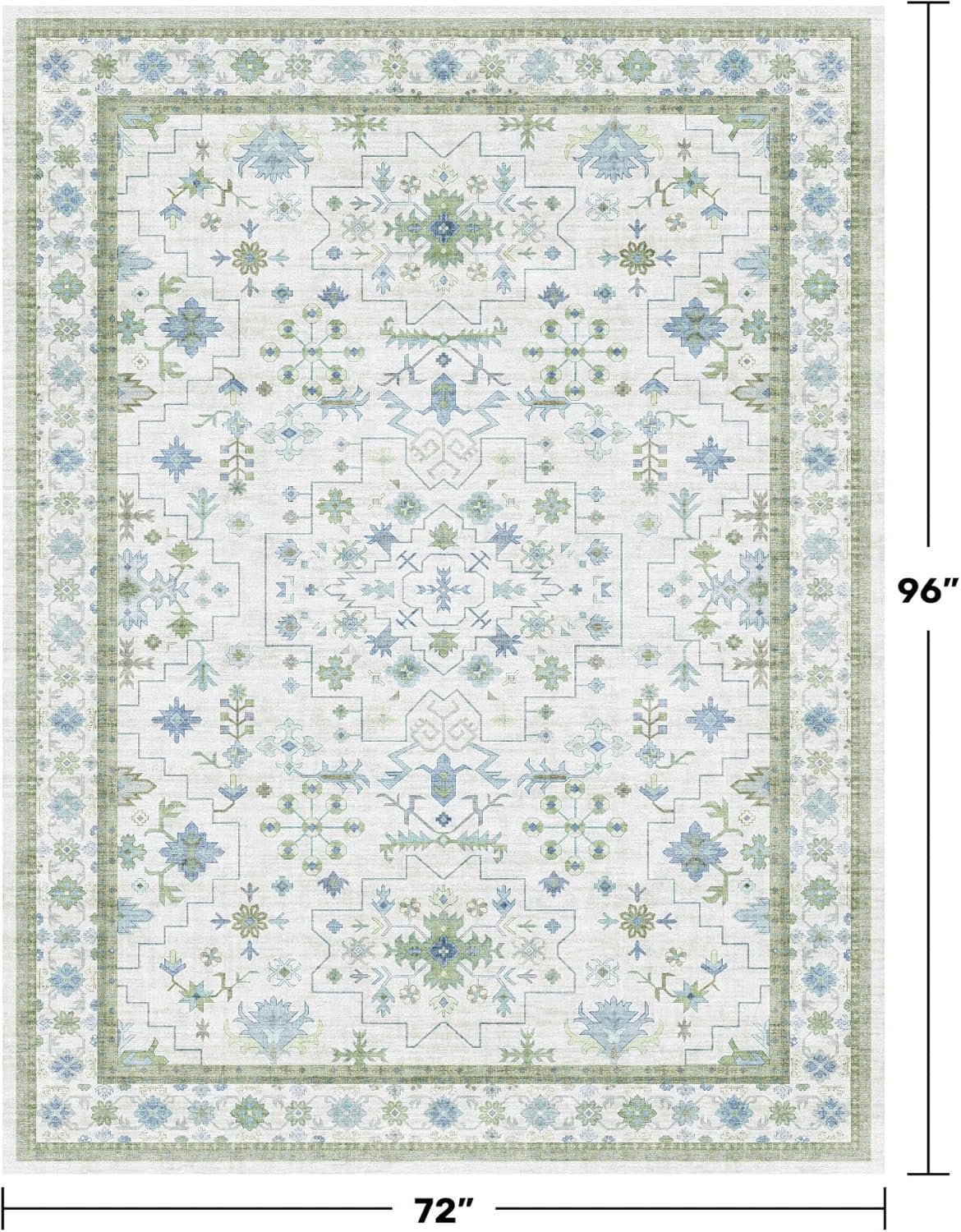 Cream Oushak 6x8 Bedroom Rug - Boho Floral Cool Blue and Green, Washable Low Pile Non-Slip Ultra-Thin Large Area Rugs for Bed Room, Living Room
