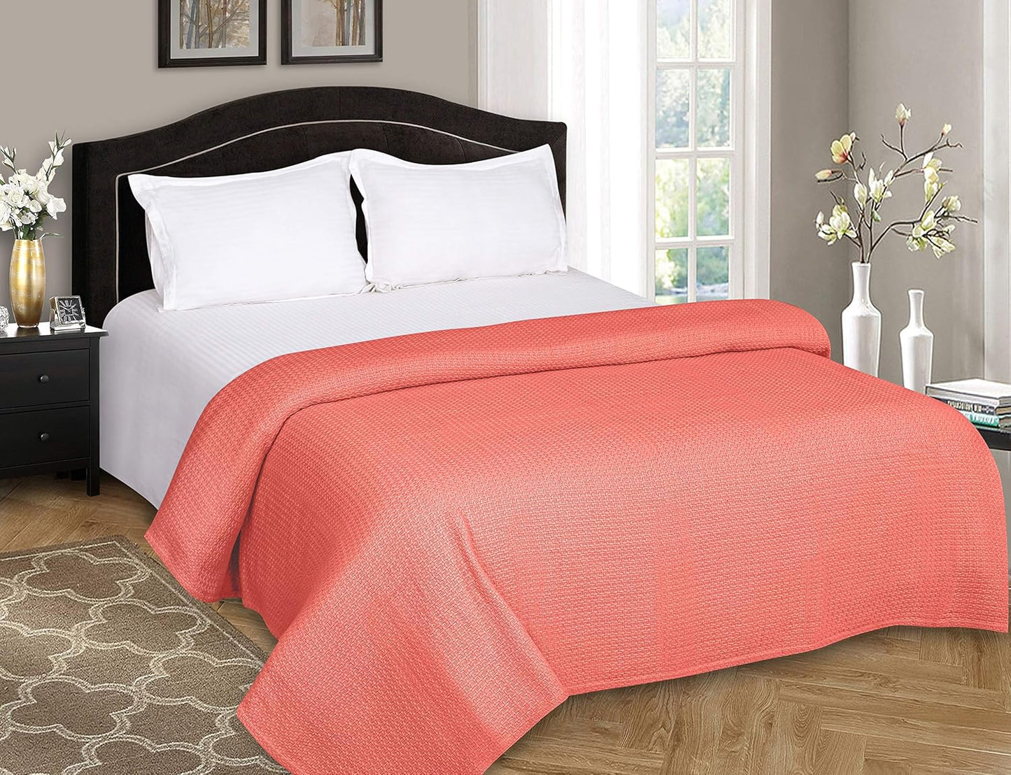 BELIZZI HOME 100% Cotton Bed Blanket, Breathable Bed Blanket King Size, Cotton Thermal Blankets King, Perfect for Layering Any Bed for All Season, Coral