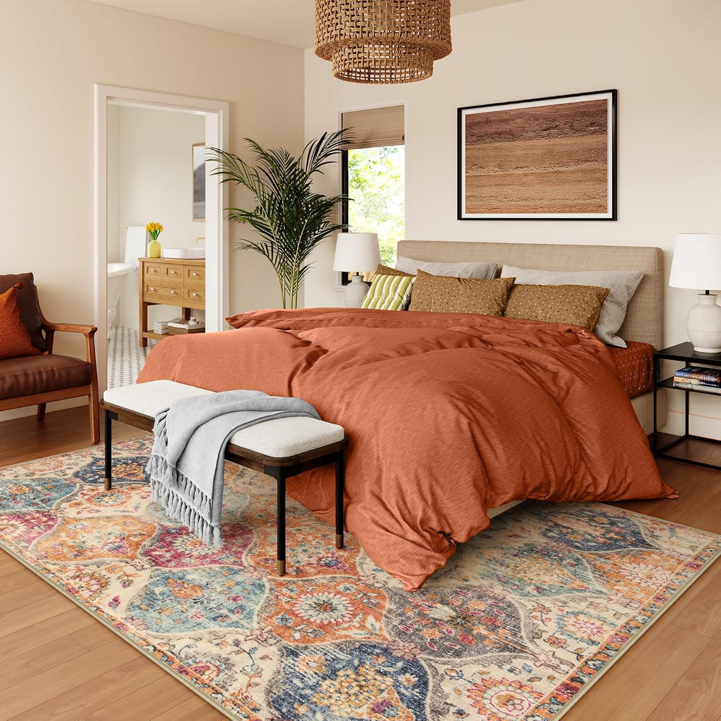 Lahome Moroccan Washable Area Rugs 8x10, 8x10 Rugs for Living Room Bedroom, Ultra-Thin Oriental Non-Slip Foldable Non Shedding Accent Large Carpet for Office Dining Room, Cream/Multi