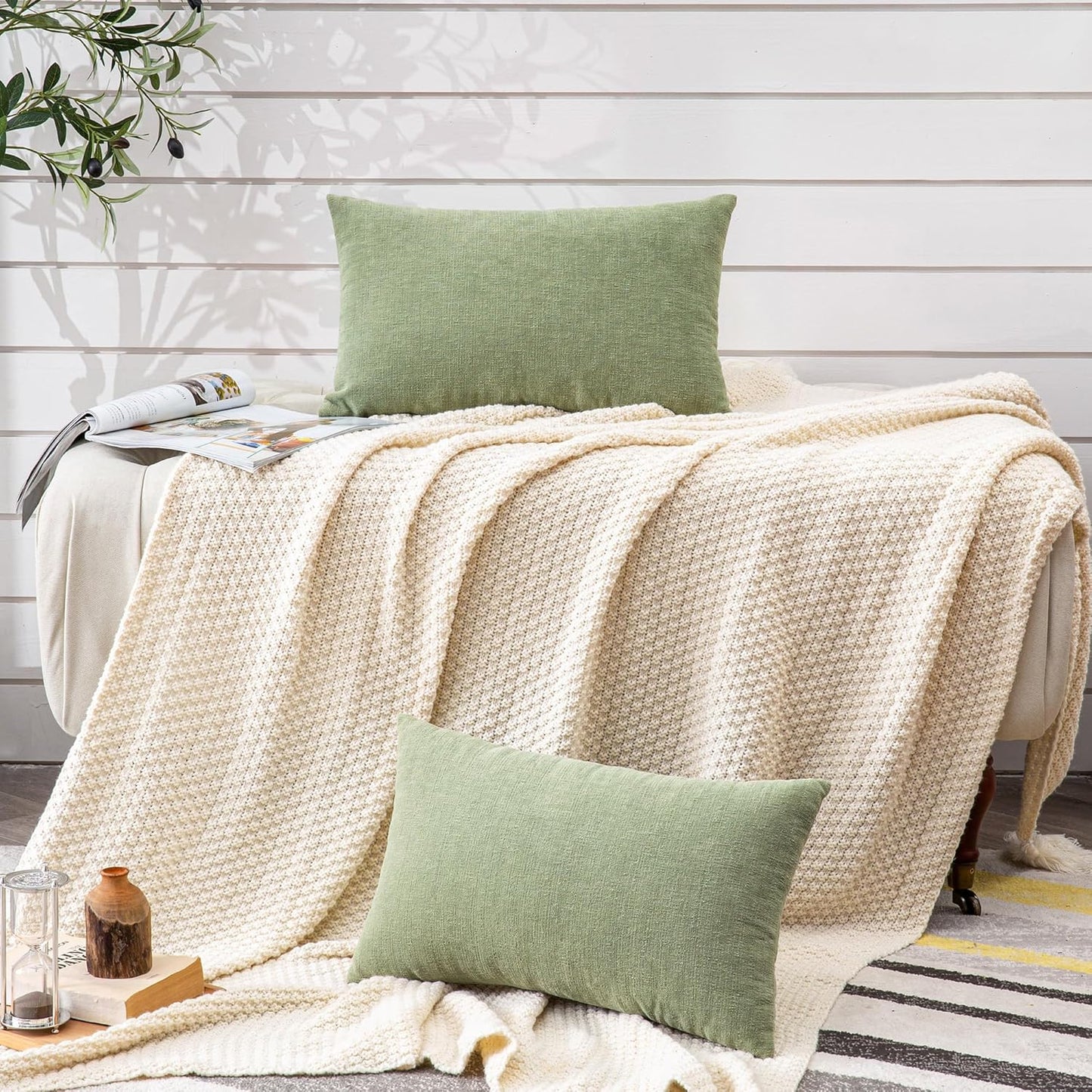 GAWAMAY Lumbar Decorative Rectangle Throw Pillow Covers 12"x20" Inch Set of 2, Super Soft Chenille Throw Pillowcase for Sofa Living Room Bedroom Couch Cushion Cover Sage Green 30x50cm (ONLY Covers)