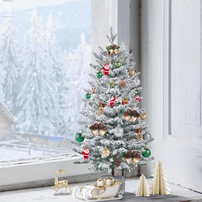 Yaheetech 3FT Pre-lit Potted Flocked Christmas Tree, Snow Frosted Mini Tabletop Artificial Christmas Tree with 50 Warm White LED Lights and 355 PE Branch Tips for Holiday Decoration