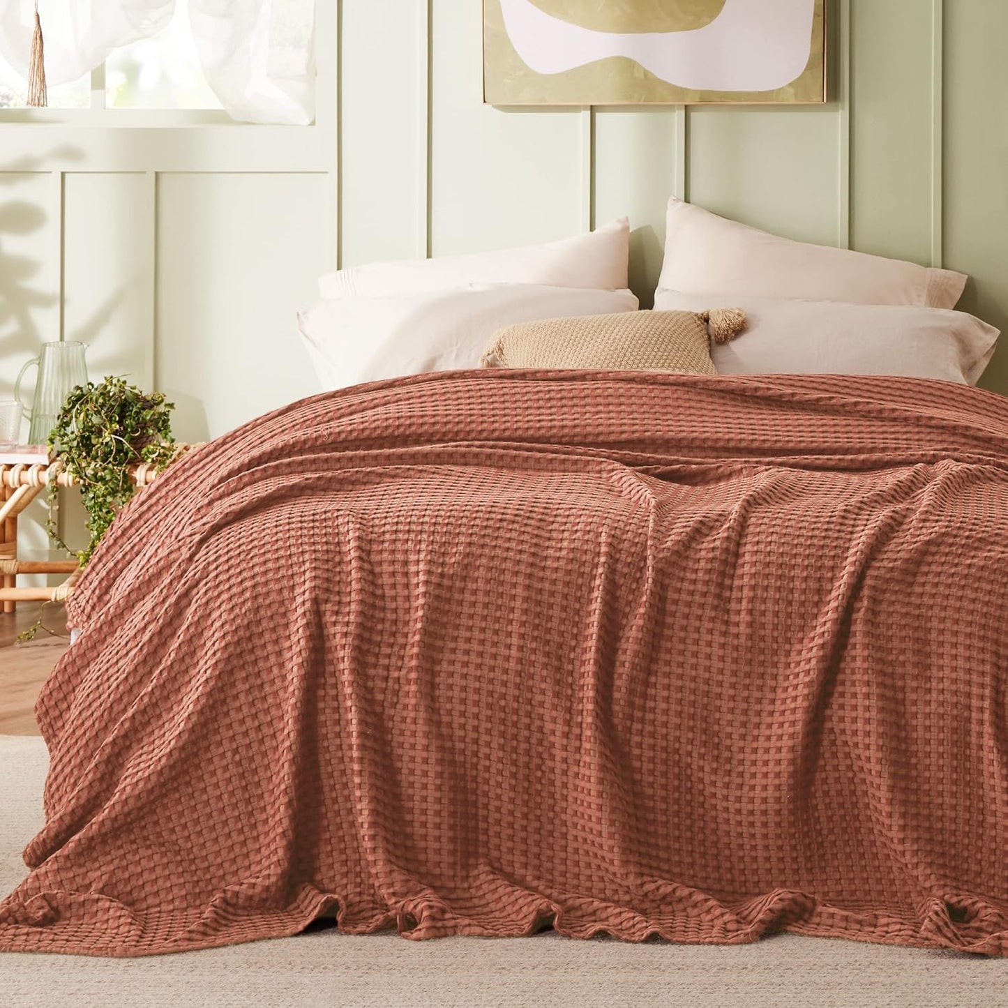 Bedsure Cooling Cotton Waffle King Size Blanket - Lightweight Breathable Blanket of Rayon Derived from Bamboo for Hot Sleepers, Luxury Throws for Bed, Couch and Sofa, Red Orange, 104x90 Inches