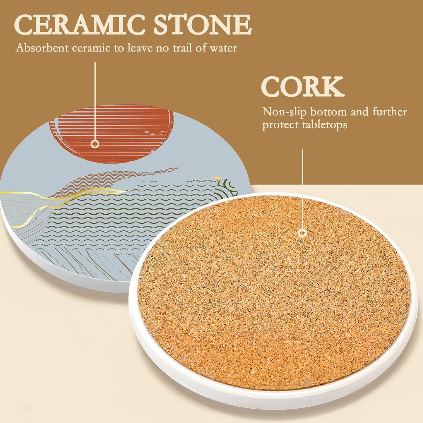 Drink Coasters with Holder,6 Pcs Japanese Style Sun Landscape Coffee Cup Mat with Storage Holder, Durable Ceramic Coaster Set for Hot & Cold Beverages