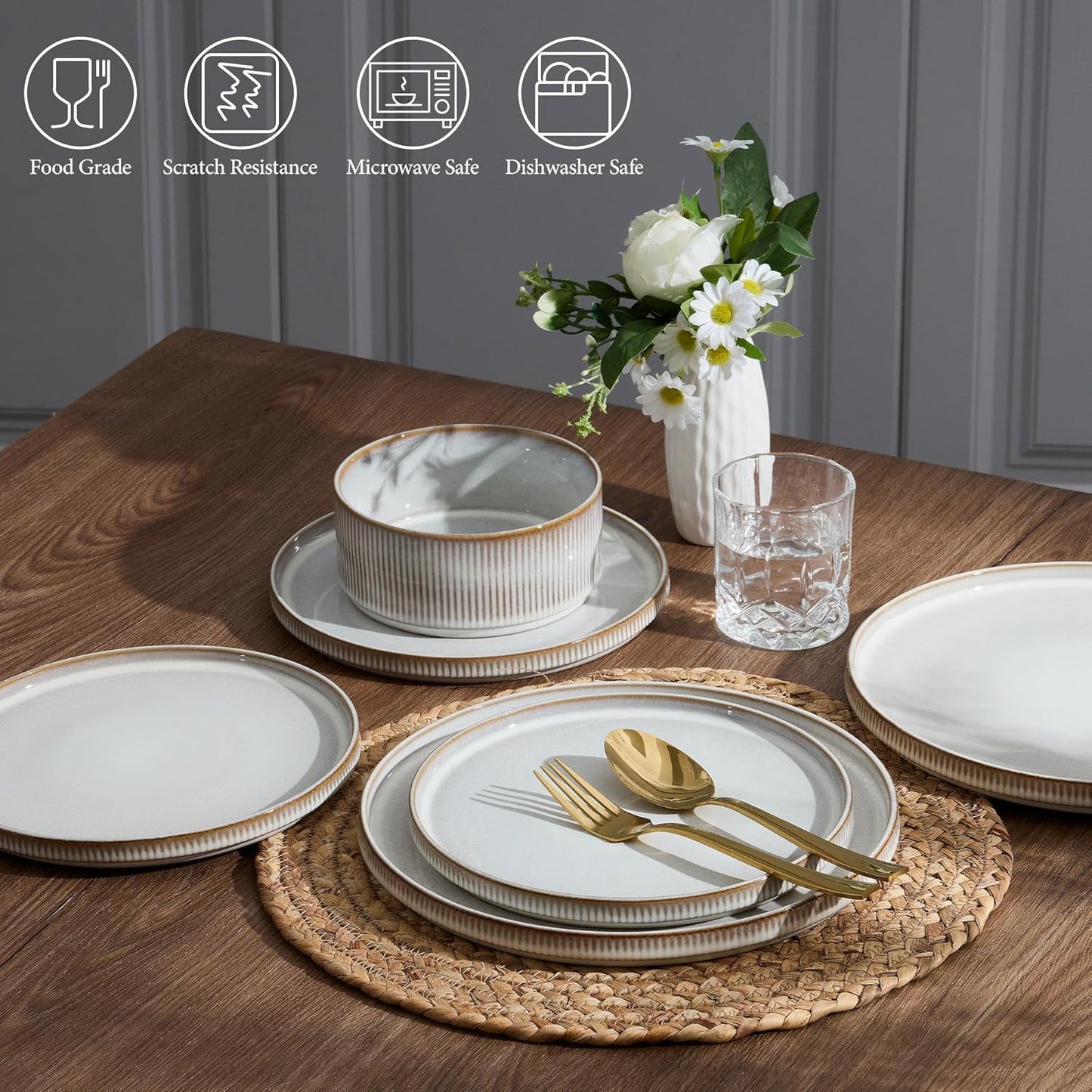 E-far 24-Piece Stoneware Dinnerware Sets, Plates and Bowls Sets for 8, Kitchen Modern Dinning Porcelain Dishes Set, Chip & Scratch Resistant, Dishwasher & Microwave Safe, Creamy Beige