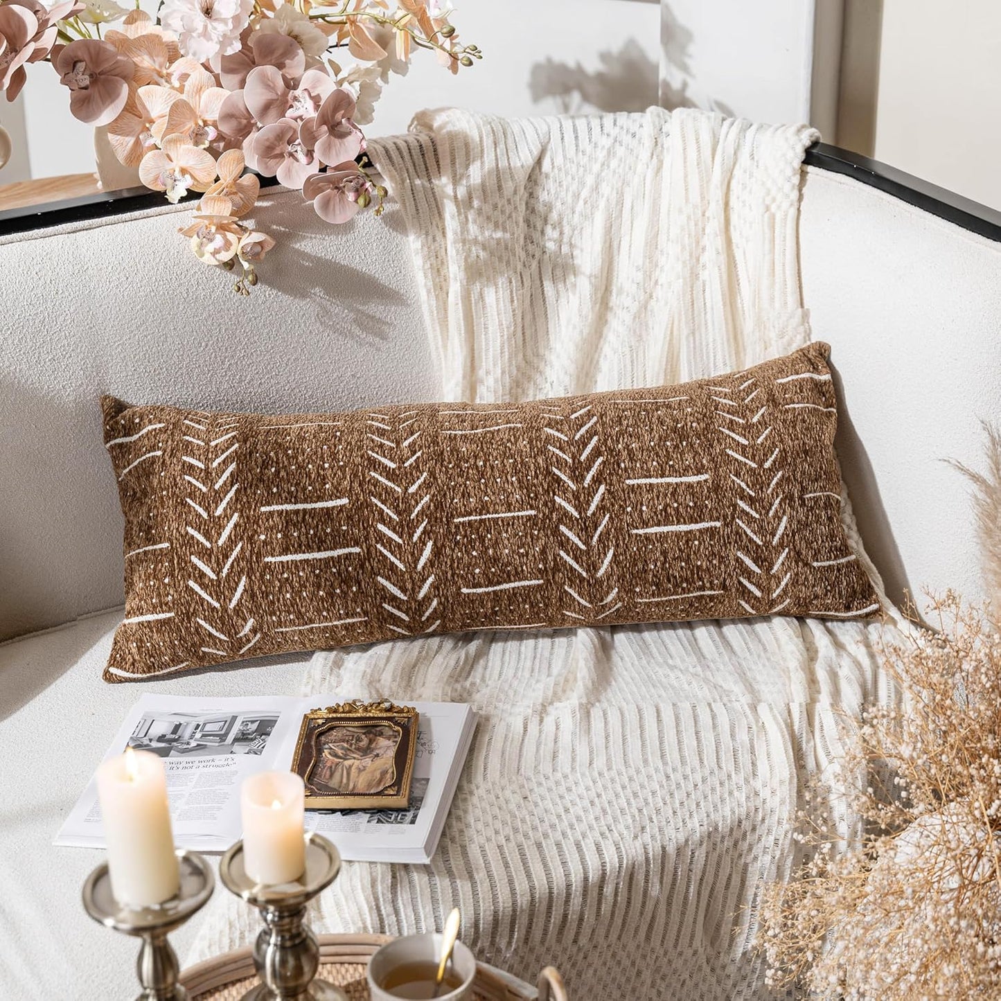 BlissBlush Fall Brown Boho Lumbar Throw Pillow Cover 14X36, Decorative Long Accent Body Lumbar Pillow for Bed, Farmhouse Woven Textured Lumbar Pillowcase for Couch (Cover ONLY)