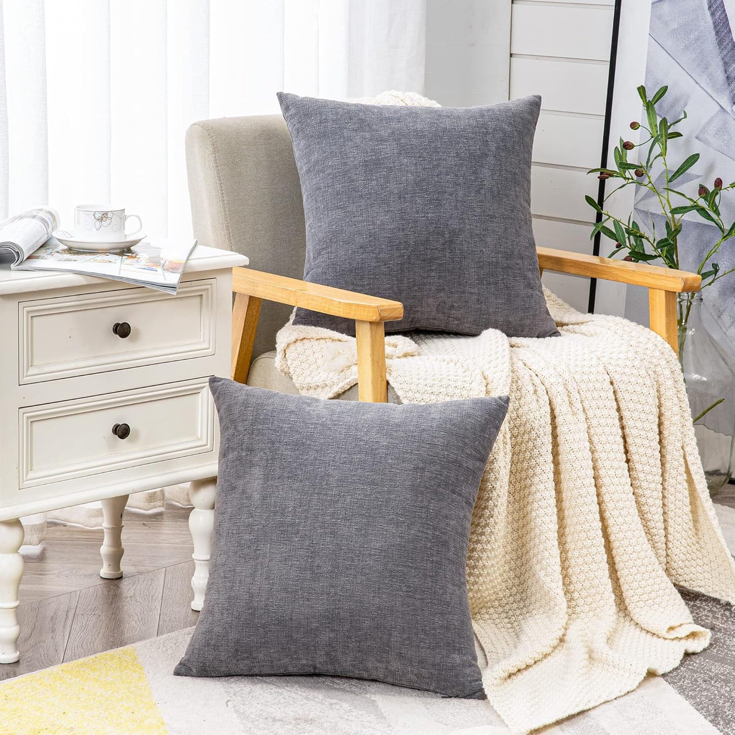 GAWAMAY Decorative Square Throw Pillow Covers 22"x22" Inch Set of 2, Super Soft Chenille Pillows Farmhouse Fall Pillowcase for Living Room Bedroom Sofa Couch Cushion Cover Grey 55x55cm (No Insert)