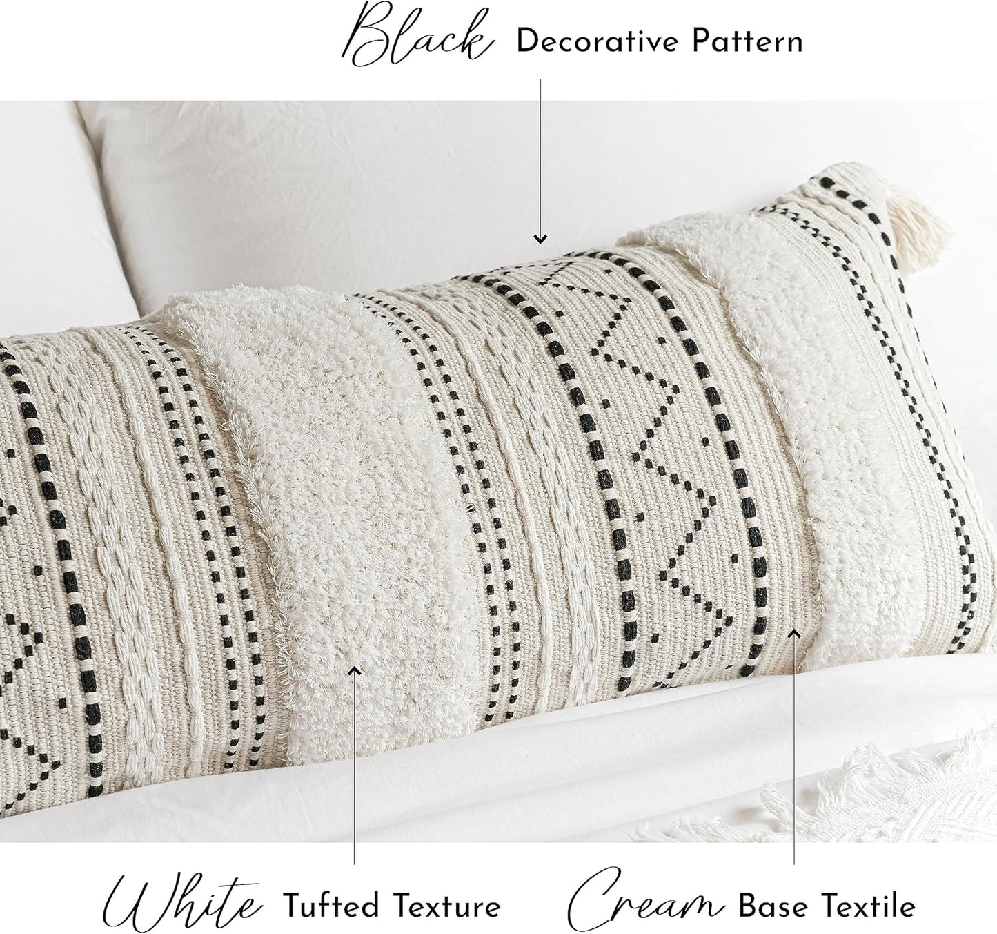 BlissBlush Black Neutral Decorative Lumbar Throw Pillow Cover 14x36 Boho Long Cushion for Bed Accent Farmhouse Pillowcase for Bedroom Living Room Couch Sofa Home Décor (Cover ONLY, Pack of 1)