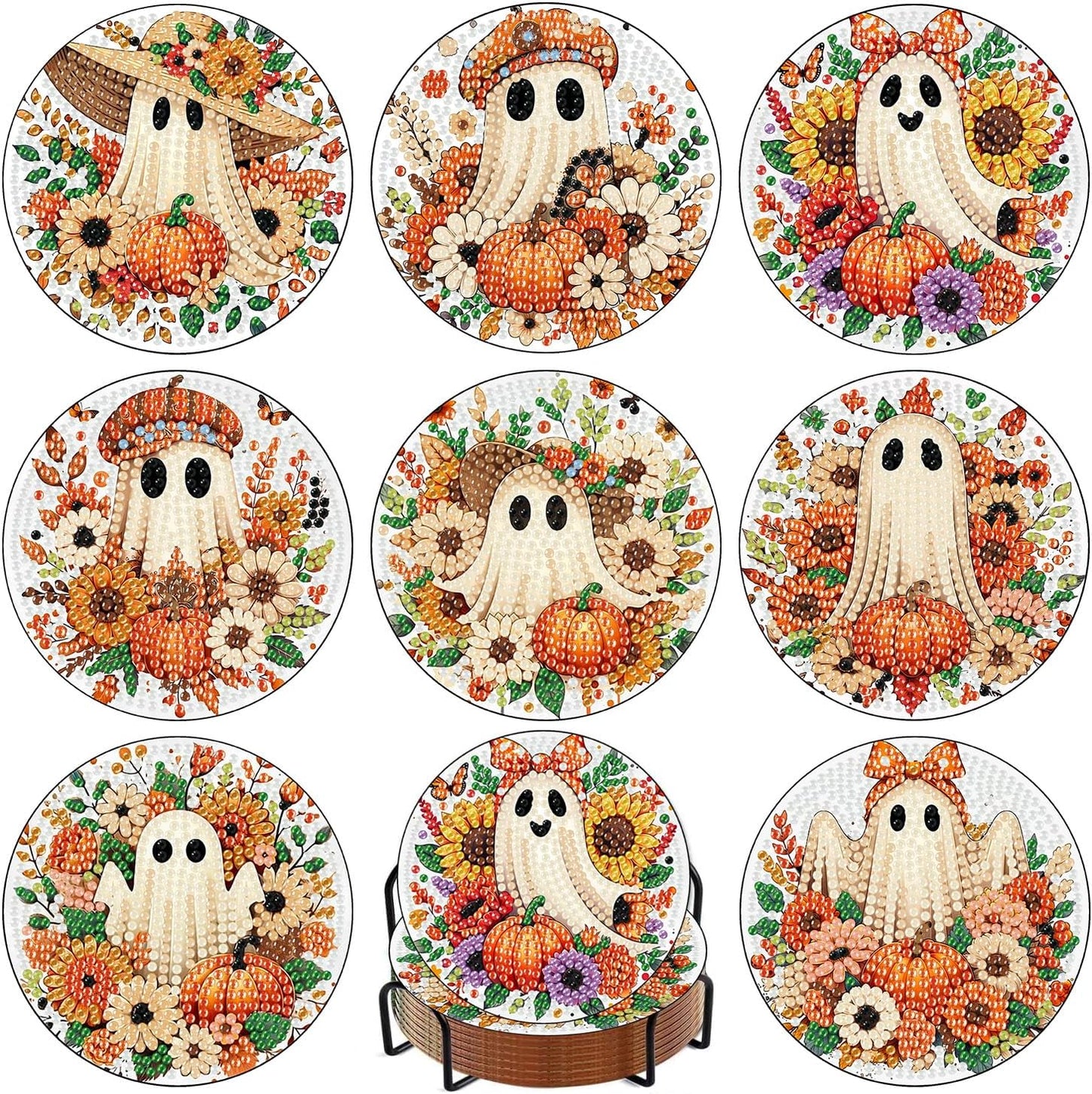 Meothan 8 Pcs Halloween Diamond Art Coasters Kits for Adults with Holder Cork Pads, Fall Diamond Dots Art Painting Coasters Crafts Kit for Home Office Decor (Ghost Theme)