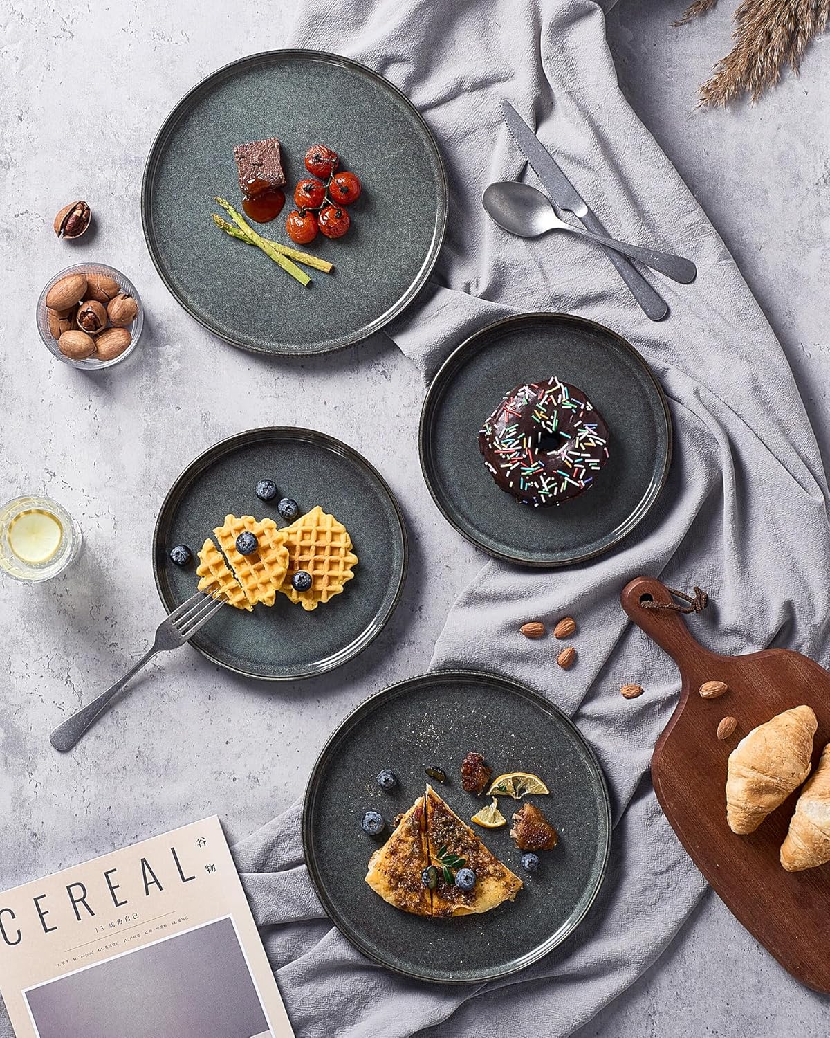 famiware Star Salad Plates for 6, 8 inches Plate Set, Stoneware Dinnerware, Small Dinner Plates for Dessert, Salad, Appetizer,Deep Forest