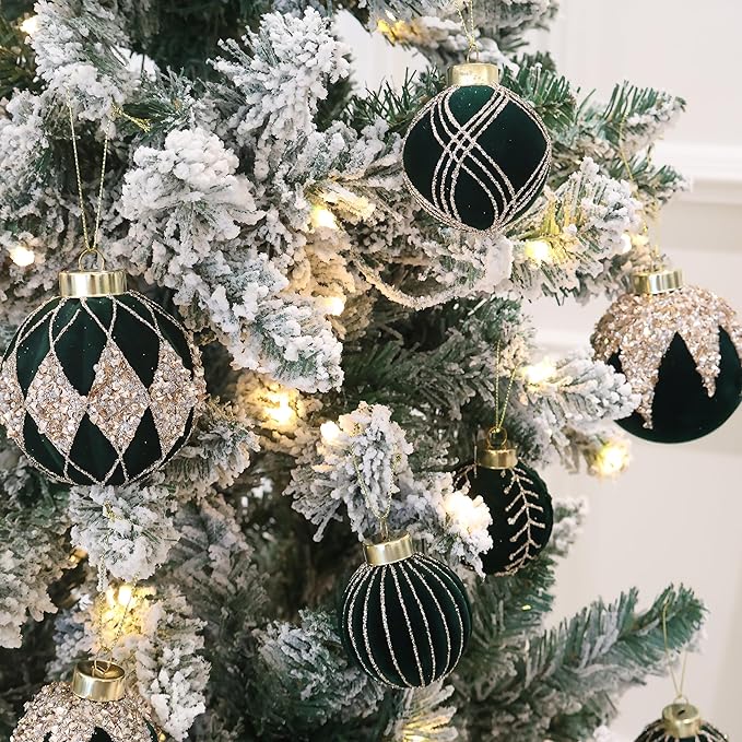 4inch Velvet Ornaments for Christmas Tree, 9PCS Glitter Flocked Christmas Ornaments Decorations Balls Set Decor Green