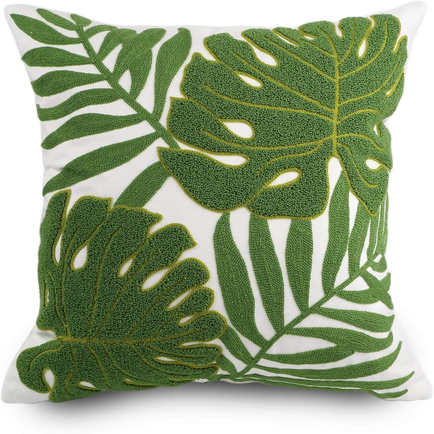 Embroidery Throw Pillow Covers 18x18 Home Decor Loop Tropical Green Leave Floor Pillow Cover for Couch 100% Cotton Canvas Cushion Cover Pillow Case Plant Monstera Leaf 45x45, 1 Piece