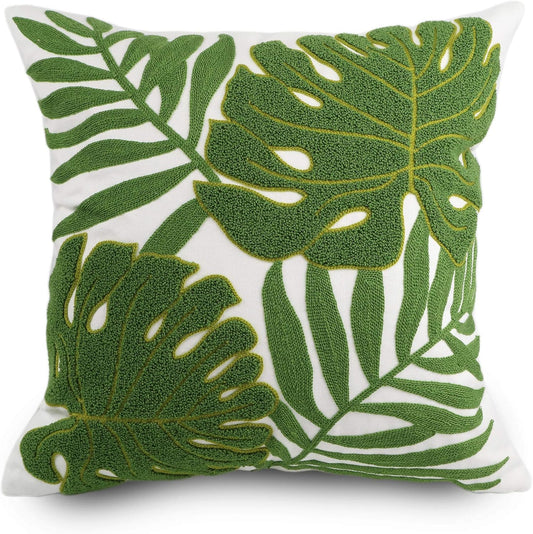 Embroidery Throw Pillow Covers 18x18 Home Decor Loop Tropical Green Leave Floor Pillow Cover for Couch 100% Cotton Canvas Cushion Cover Pillow Case Plant Monstera Leaf 45x45, 1 Piece