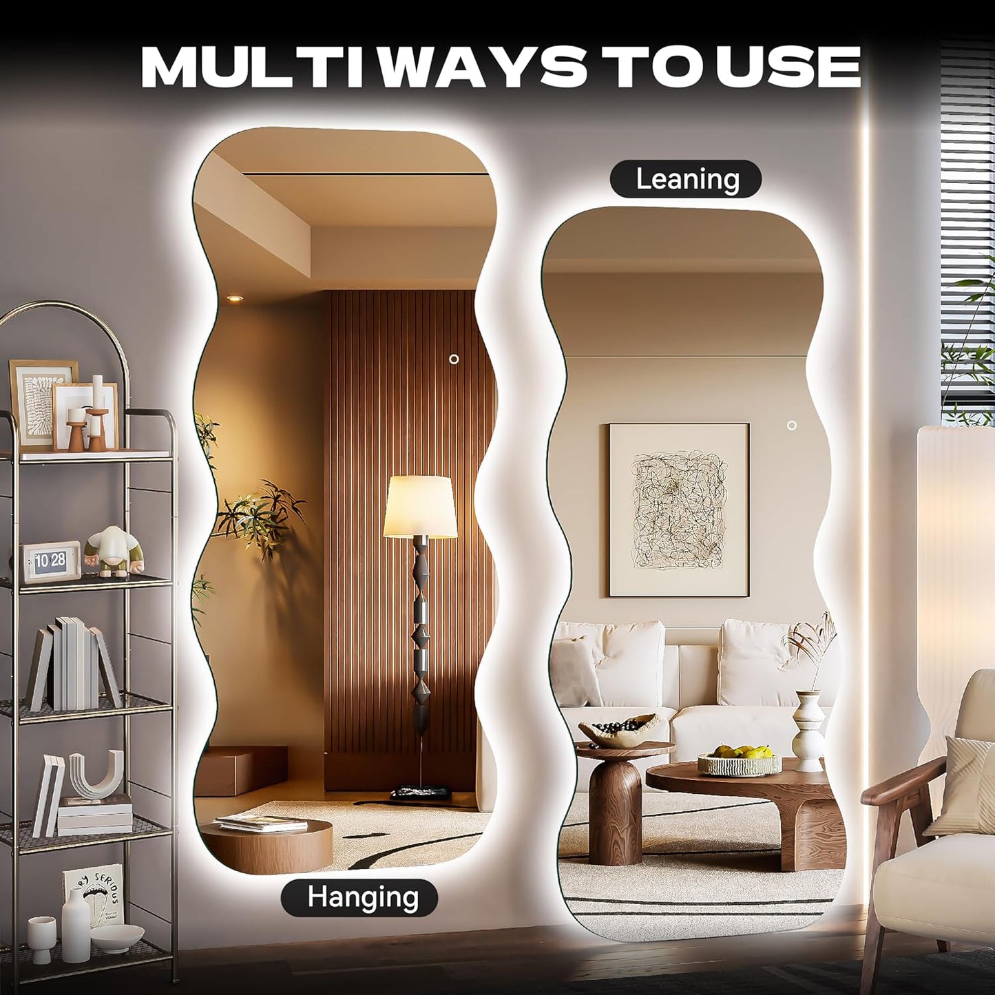 Hasipu Wavy Full Length Mirror with Lights - 79"×35" LED Wavy Floor Mirror, Frameless, Dimmable, Standing or Vertical/Horizontal Wall-Mounted Mirror for Bedroom, Living Room, Cloakroom