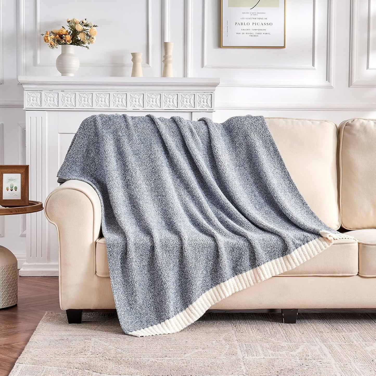 CozeCube Super Soft Fullfy Microfiber Reversible Knitted Blankets, Warm Cozy Fuzzy Plush Throw, Dusty Blue and White Melange Throw Blanket for Couch Bed Sofa, 60" x 80"