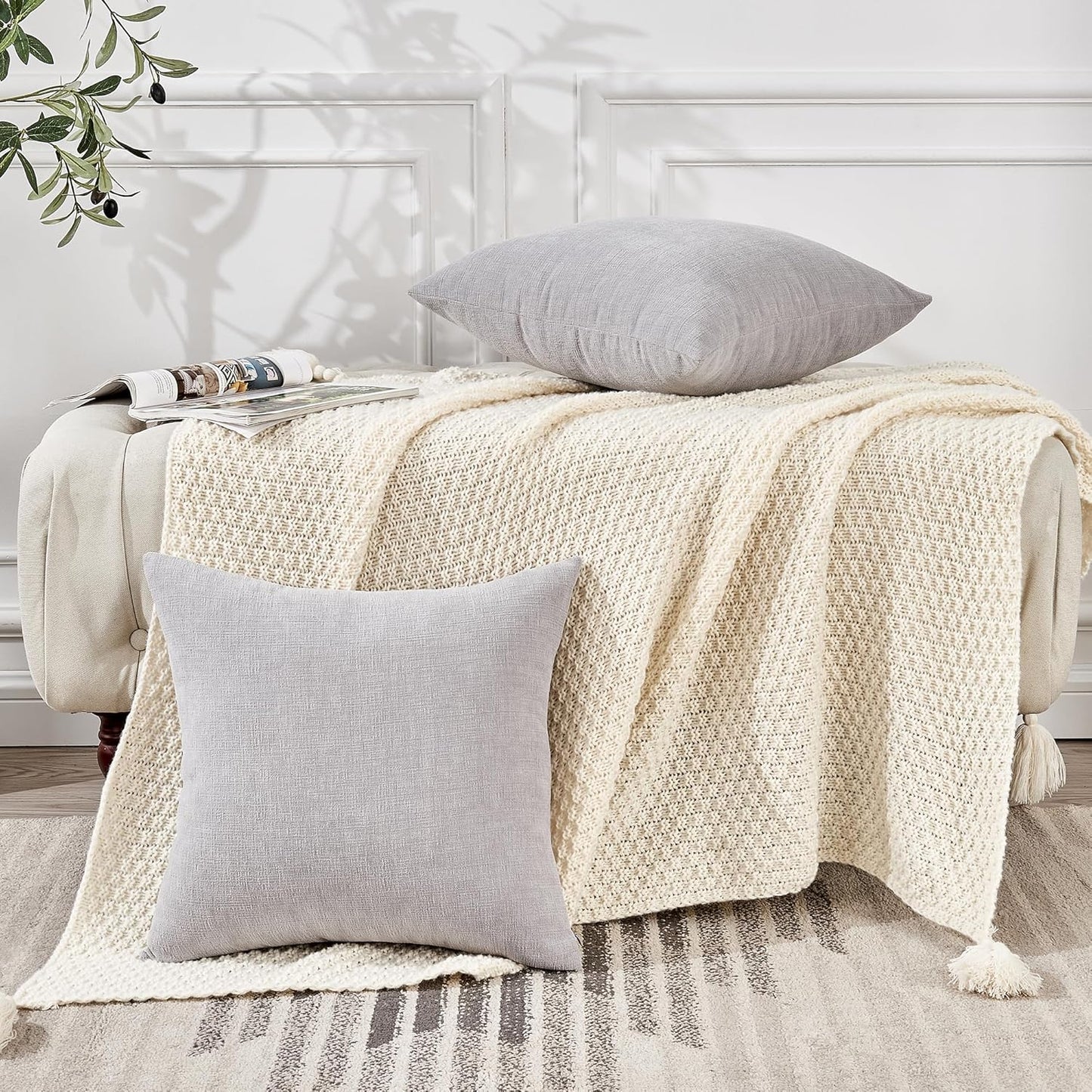 GAWAMAY Decorative Square Throw Pillow Covers 20"x20" Inch Set of 2, Super Soft Chenille Pillows Farmhouse Fall Pillowcase for Living Room Bedroom Sofa Couch Cushion Cover Light Grey 50x50cm