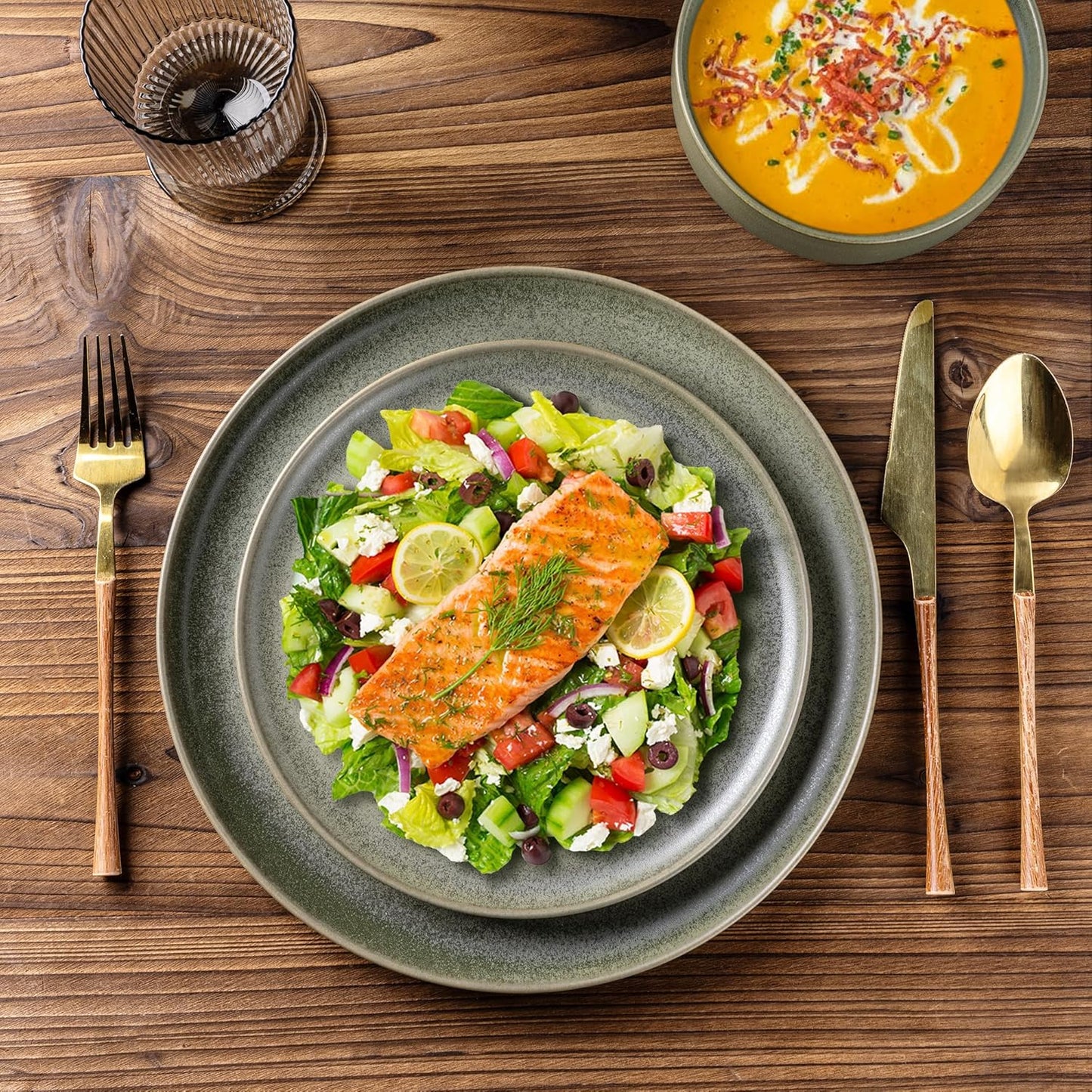 LERATIO Stoneware Dinnerware Sets for 4,Handcarft Ceramic Plates and Bowls Sets,Chip and Scratch Resistant Dishes, Dishwasher & Microwave Safe, Oven safe,Reactive Glaze-Green