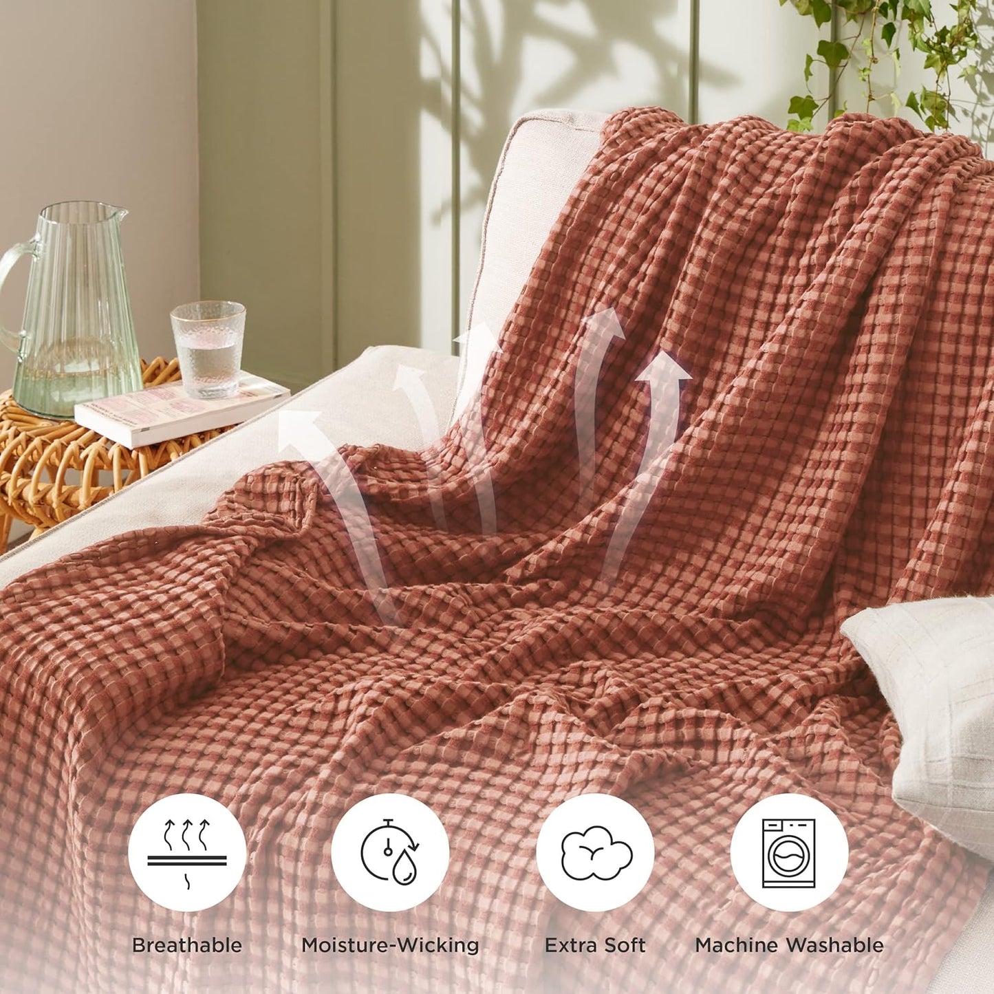 Bedsure Cooling Cotton Waffle Weave Blanket - Lightweight Breathable Blanket of Rayon Derived from Bamboo for Hot Sleepers, Luxury Throws for Bed, Couch and Sofa, Red Orange, 50x70 Inches