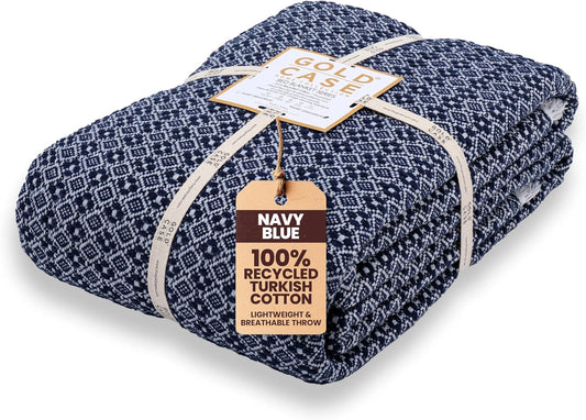 Gold Case Throw Blanket for Bed - 100% Recycled Turkish Cotton Blanket - Retro Lightweight Soft Throw Blankets for Bed & Living Room - Queen Size Cozy Blankets - 90x90 - Navy Blue