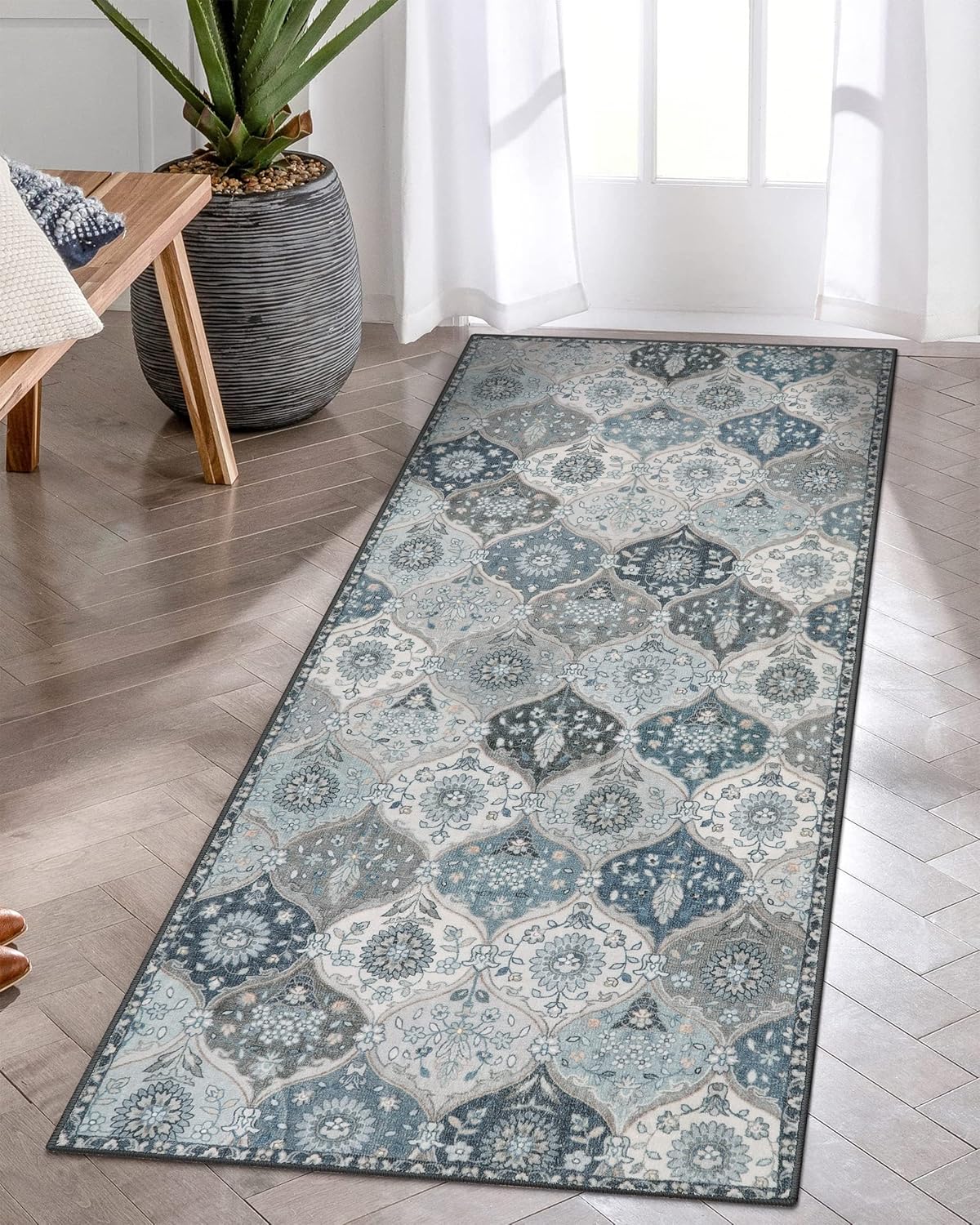 Lahome Moroccan Trellis Kitchen Runner Rug, 2x5 Washable Runners for Hallways Non Slip, Rubber Backing Ultra-Thin Vintage Carpet for Entryway Bedroom Bathroom, Blue