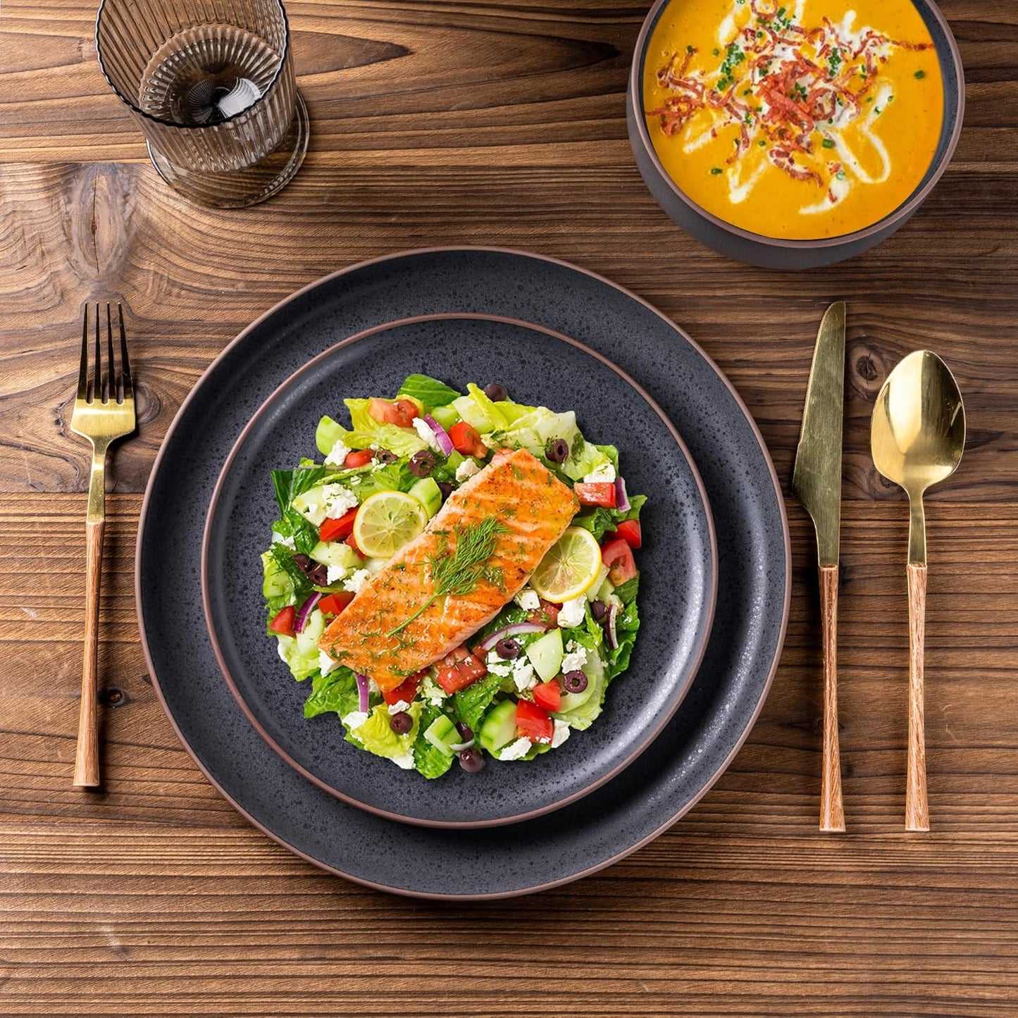 LERATIO Stoneware Dinnerware Sets for 4,Handcarft Ceramic Plates and Bowls Sets,Chip and Scratch Resistant Dishes, Dishwasher & Microwave Safe, Oven safe,Reactive Glaze-Speckled Ashen