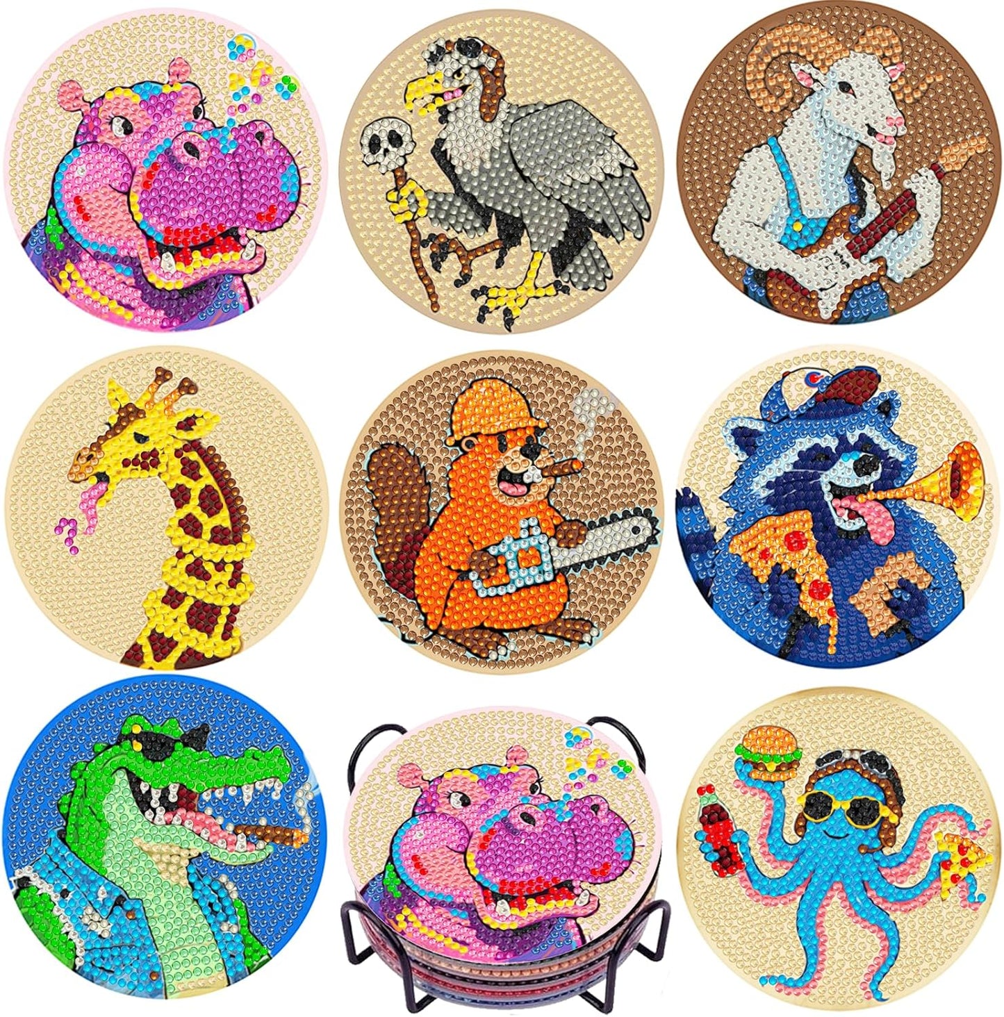 DOTSOPS Animal Diamond Painting Coaster with Holder 5D Diamond Art Kits for Adults Round Full Drill Beginners Gem Dots Craft Arts Supplies Party Home Decor 8pcs