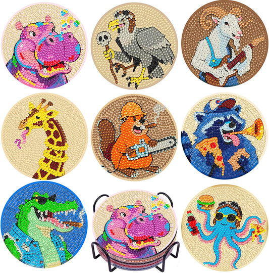 DOTSOPS Animal Diamond Painting Coaster with Holder 5D Diamond Art Kits for Adults Round Full Drill Beginners Gem Dots Craft Arts Supplies Party Home Decor 8pcs