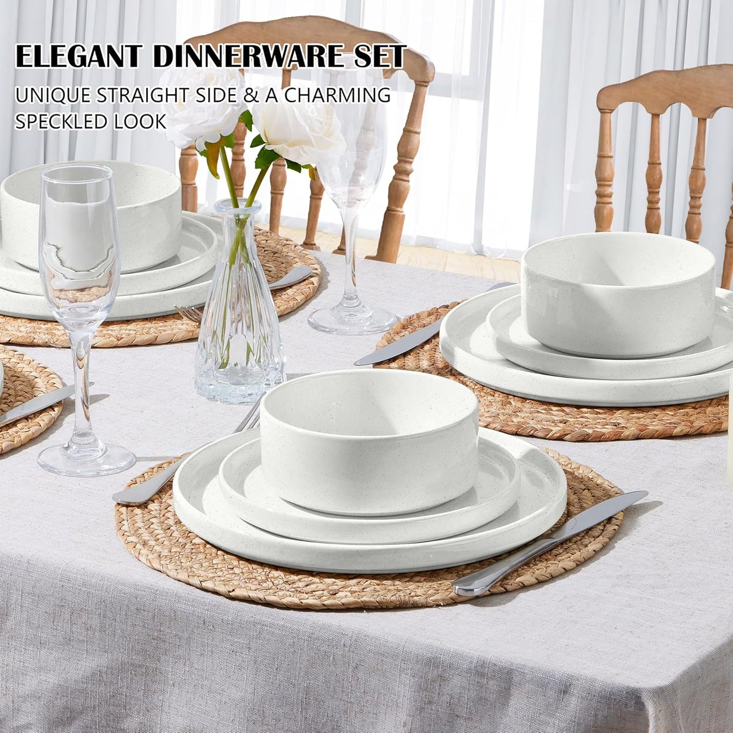 E-far Stoneware Dinnerware Sets, 12-Piece Plates and Bowls Dish Set for 4, Kitchen Modern Dinning Dishware, Chip and Scratch Resistant, Microwave & Dishwasher Safe, Speckled White