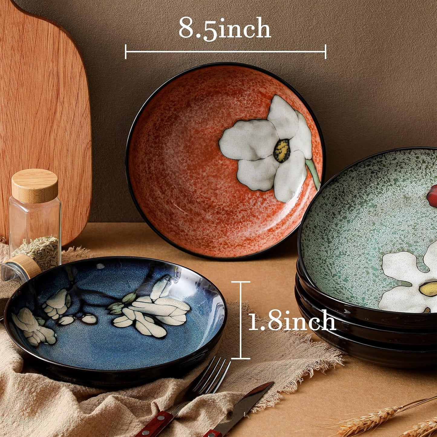 Maxdot Ceramic Dinner Plates Set of 6, 8.5 Inch Underglaze Painting Salad Plates, Glazing Process Floral Ceramic Gift Dishes for Steak Salad Pasta Appetizer, Microwave, Oven and Dishwasher Safe