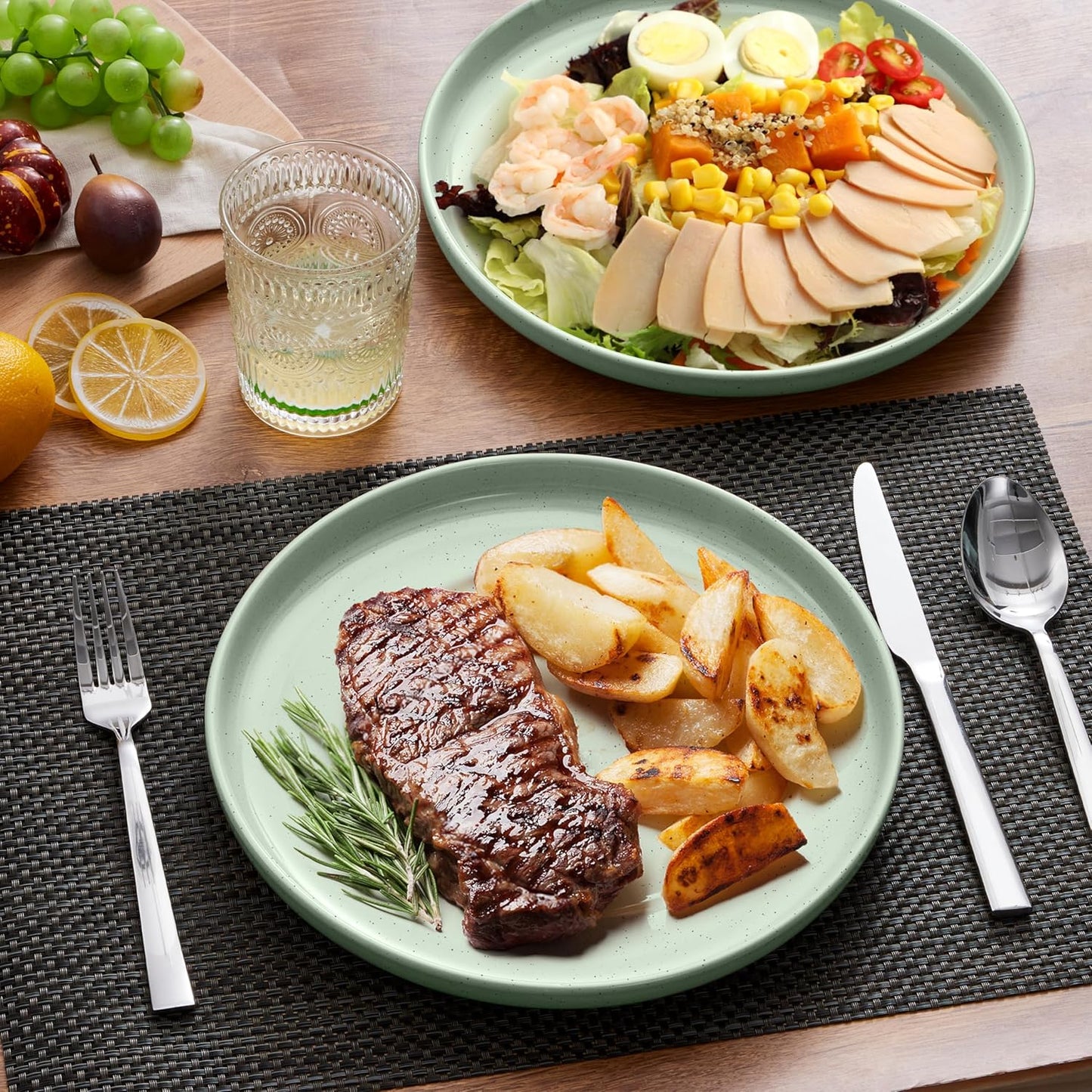 LIANYU Stoneware Dinner Plates Set of 6, 10.5’’ Ceramic Plates for Dessert, Salad, Steak, Pizza, Round Serving Dishes for Kitchen, Microwave, Oven & Dishwasher Safe, Scratch Resistant, Fog Green