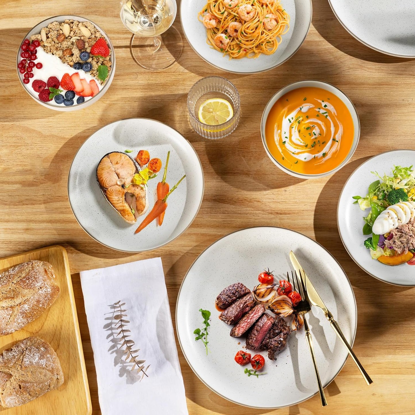 GBHOME Dinnerware Set for 4, GBHOME 12 Pieces Handmade Speckled Glaze Plates and Bowls Sets, Modern Style Scratch Resistant Stoneware Dishes Set, Dishwasher & Microwave Safe