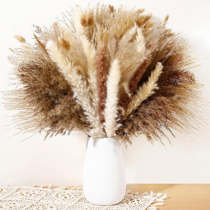 135Pcs Dried Pampas Grass Decor, Boho Home Decor, Mini Bunny Tails Dried Flowers, Fluffy Pompous Grass Bouquet Bulk for Wedding, Table, Rustic Party, Baby Shower Decorations