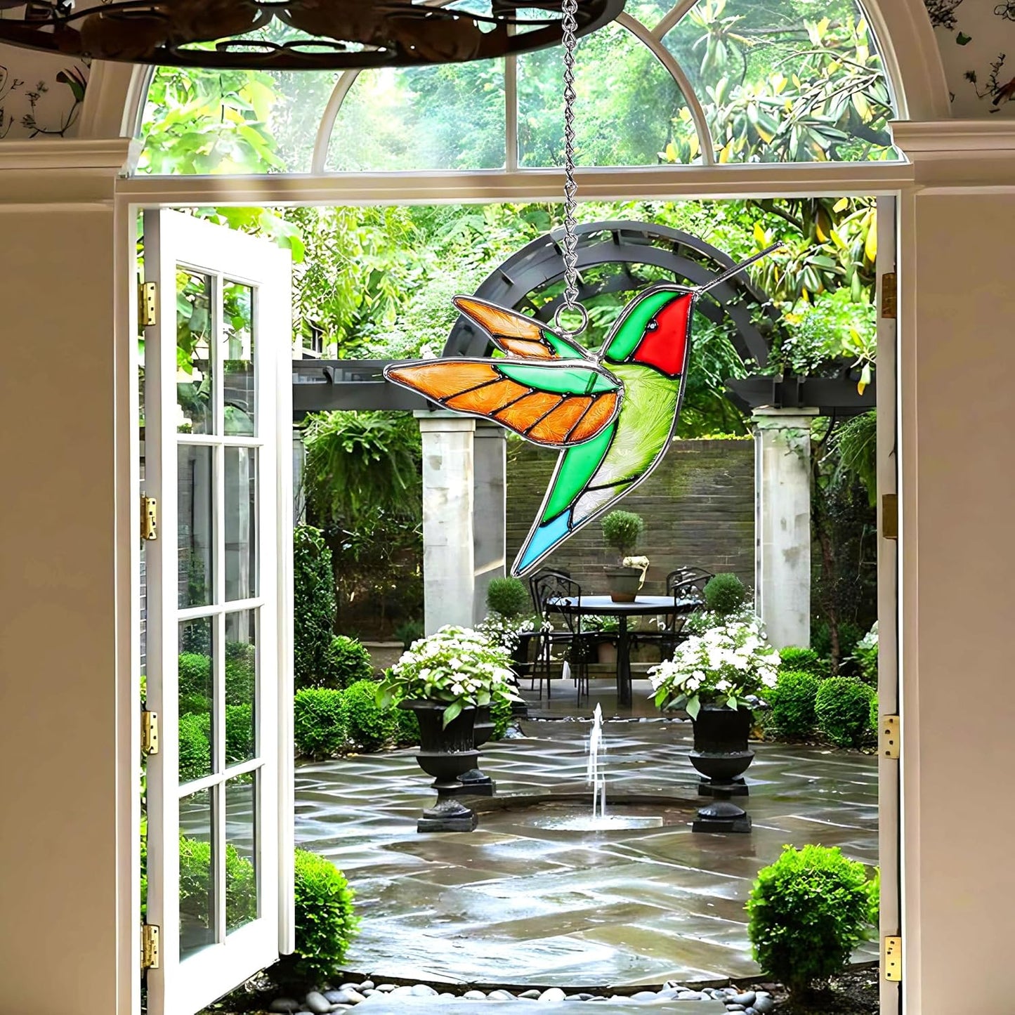 Handmade Stained Glass Hummingbird Hanging Ornament - Colorful 4.3x4.9 Inch Window/Garden Decor for Mom, Grandma, Mother's Day - Patio, Home, Wedding Decorations (Yellow Wing)